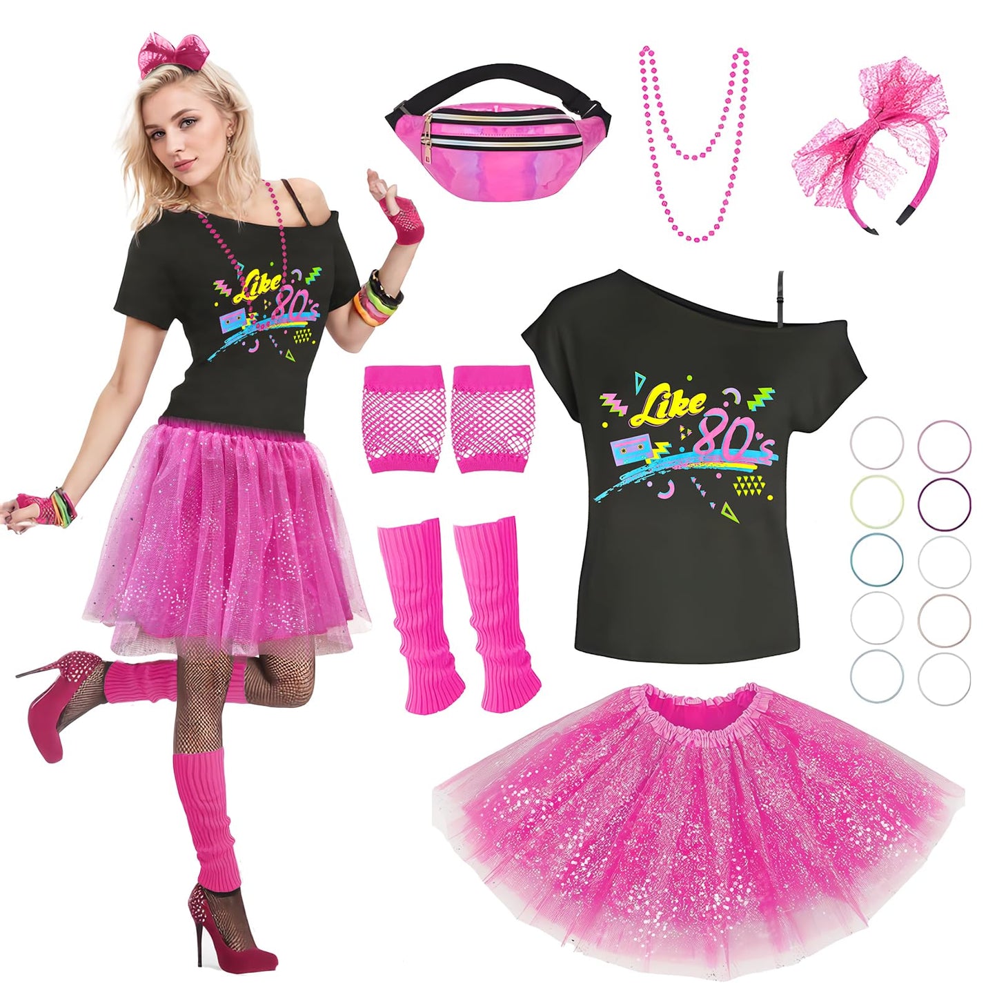 XXLOG 80s Outfit for Women T-Shirt Tutu Skirt with Accessories 80s Costumes Set for Retro Theme Party Pink M