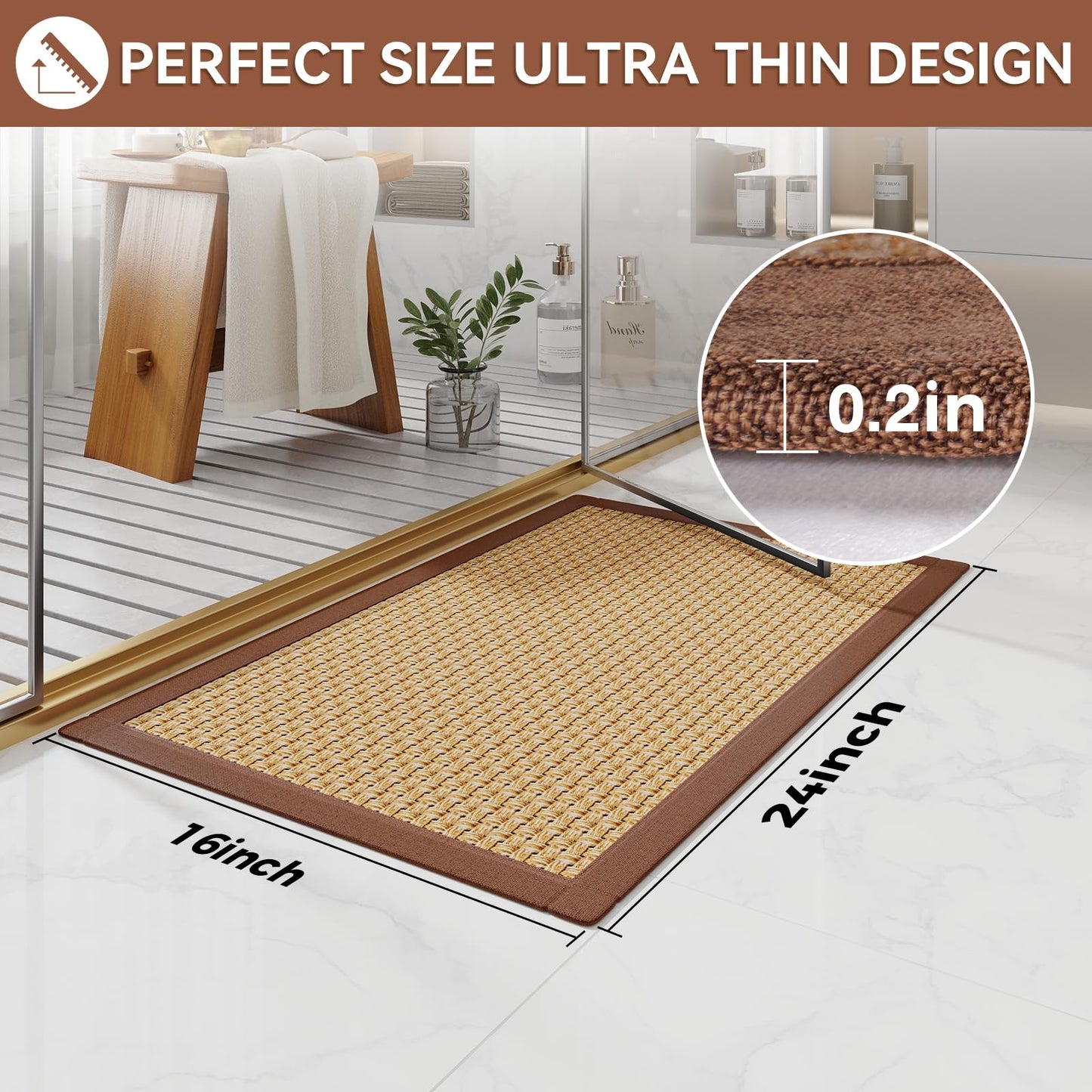 YDKGL Non Slip Bath Mat Bathroom Rugs, Soft Jute-Like Ultra Thin Bath Mats, Rubber Backing Super Absorbent Quick Dry Bath Rug Shower Mat Fit Under Door Bathroom Floor, Machine Washable, Brown 16"x24"