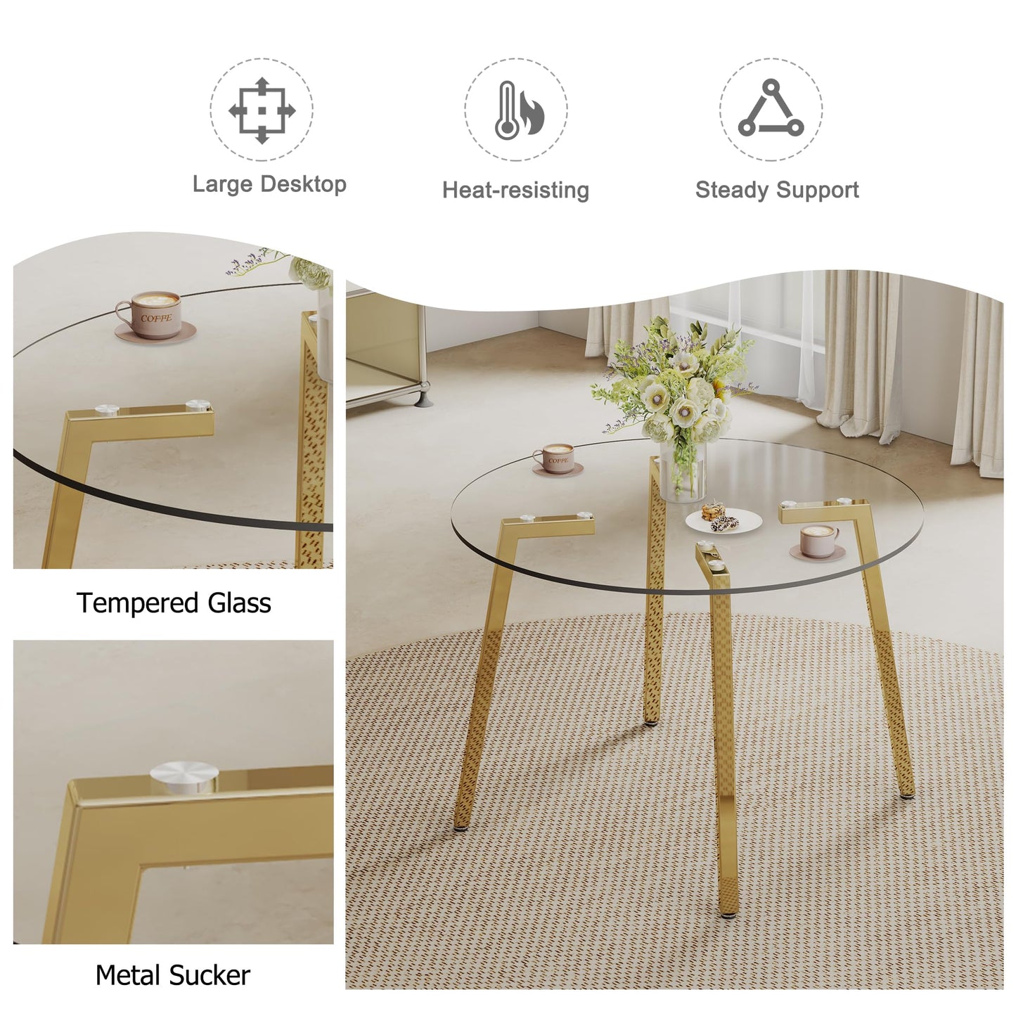42”Round Dining Table Set for 4,Tempered Glass Table Top with 4 Luxury Golden Metal Legs,Small Kitchen Room Table with 4 Grey Armless Chairs,Space-Saving Breakfast Nook Table Set for 4,Dinette