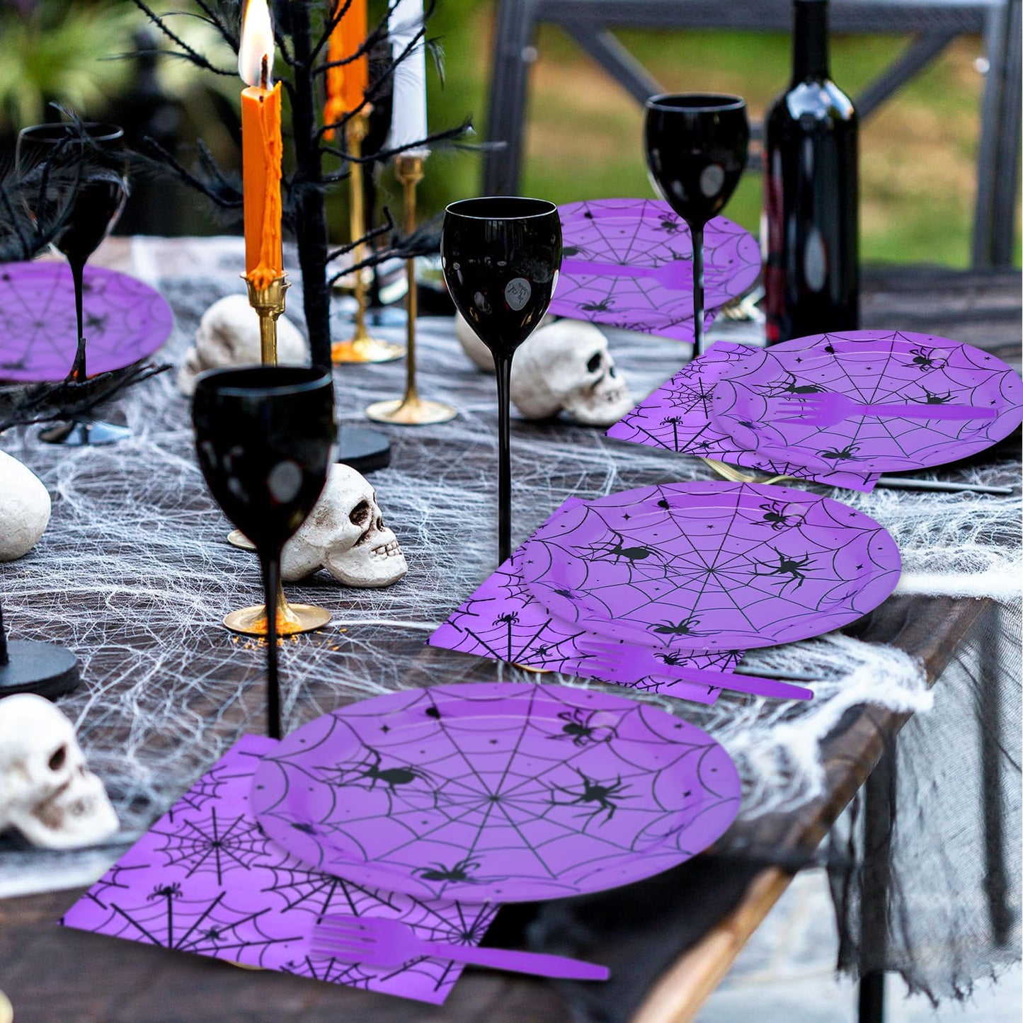 96 Pieces Halloween Spider Web Tableware Party Supplies - Disposable Dinnerware Set with Paper Plates, Napkins, and Forks for Spooky Halloween Party Supplies, Birthday Decorations - Serves 24 (Purple)
