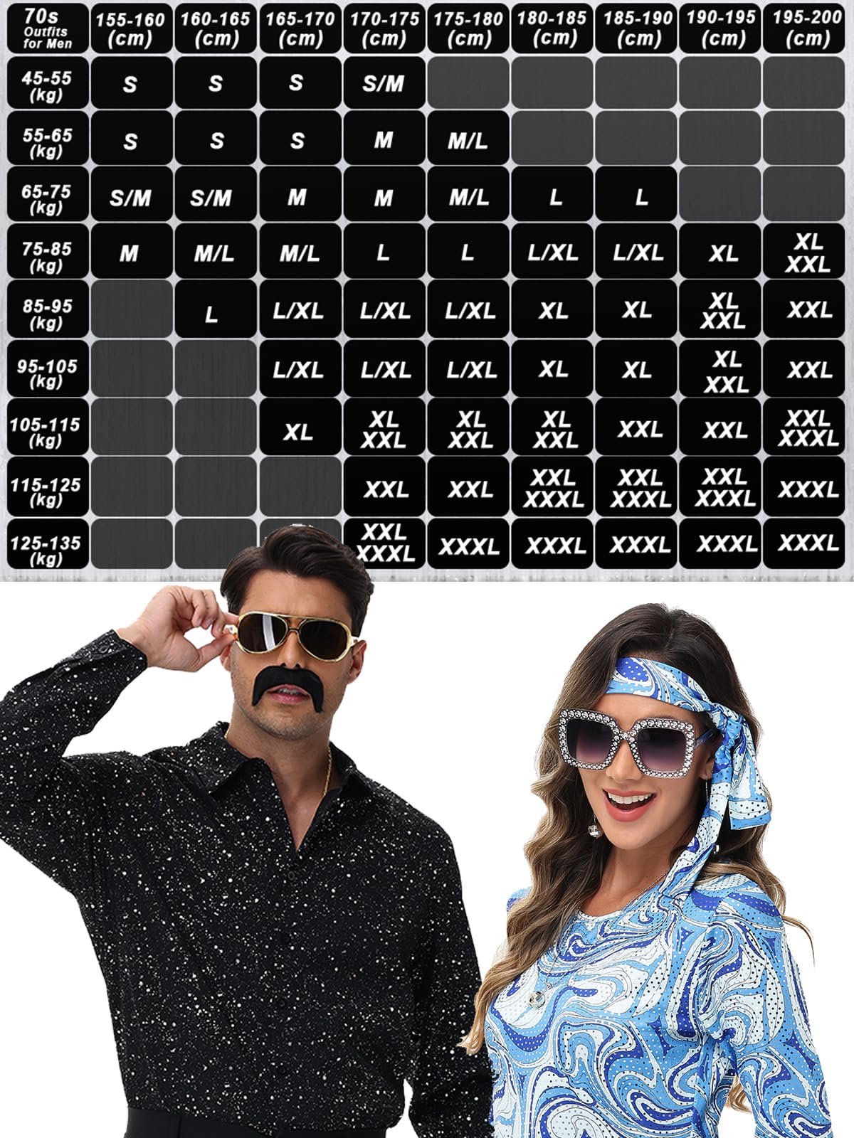 70s Outfits for Men, 7Pcs Mens Disco Costume Retro Shirt Bell Bottom Pants Wig Sunglasses Necklace Wig Cap for Disco Party