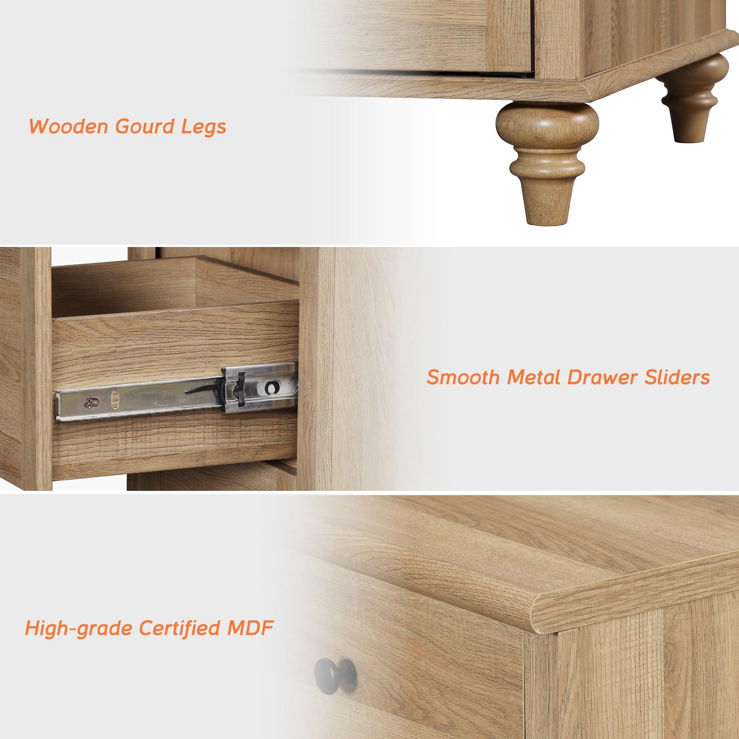 WAMPAT 3 Piece Bedroom Set - Includes 7 Drawer Dresser for Bedroom, Set of 2 Night Stands with Charging Station & Drawers, 3 Piece Dresser and Nightstand Sets, Oak