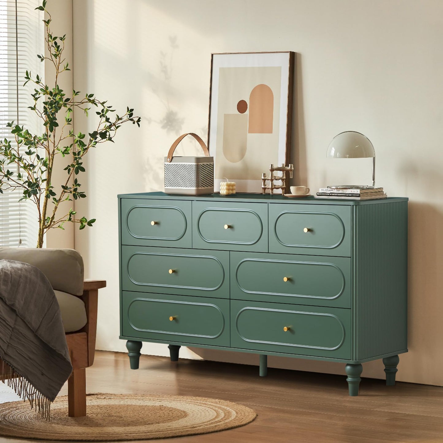 7 Drawer Fluted Dresser for Bedroom, Mid Century Modern Chest of Drawers, Wood Storage Large Dresser Organizer for Bedroom Living Room Hallway Closet, Green