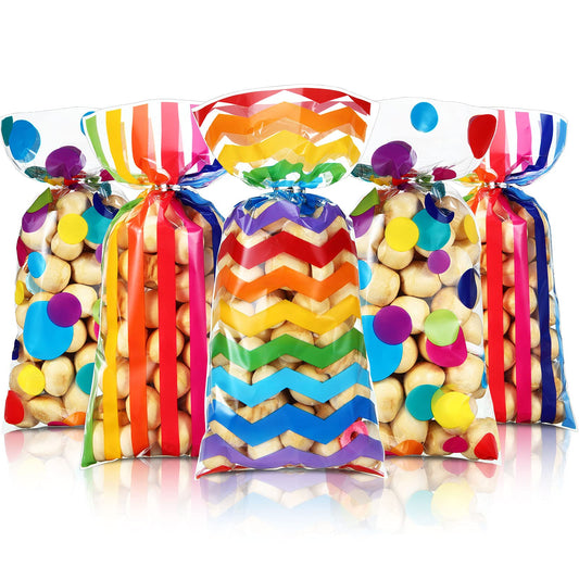 105 Pcs Rainbow Cellophane Treat Bags Bulk Plastic Polka Dot Stripes Goodie Candy Favor Bags with Twist Ties for Back to School Party Favors Anniversary Wedding Baby Shower Birthday Supplies