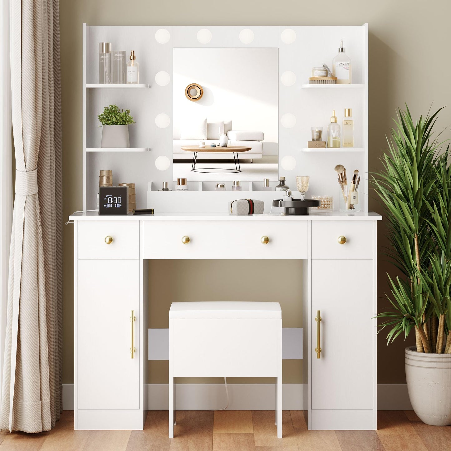 Wodeer Makeup Vanity Desk with Mirror and Lights, 43" White Vanity Set with Chair, 3 Drawers, Power Outlet & Adjustable RGB LED Lights, Dressing Table with Storage Shelf for Women & Girls Bedroom