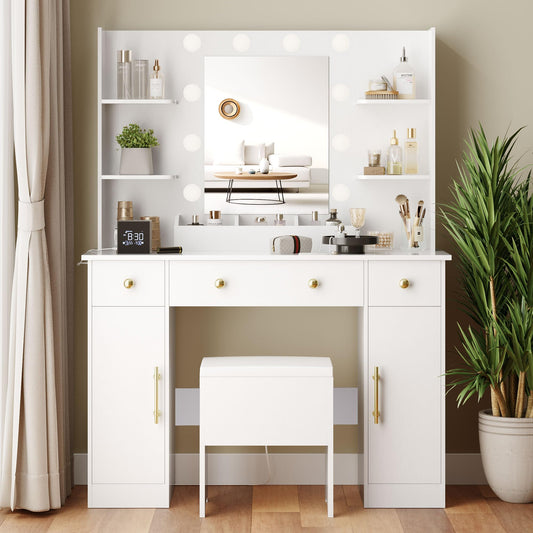 Wodeer Makeup Vanity Desk with Mirror and Lights, 43" White Vanity Set with Chair, 3 Drawers, Power Outlet & Adjustable RGB LED Lights, Dressing Table with Storage Shelf for Women & Girls Bedroom