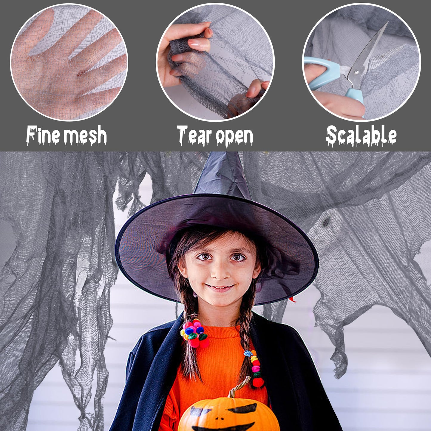 Watayo 600 x 40 Inch Large Size Halloween Creepy Cloth- Gray Halloween Spooky Fabric Cloth- Scary Creepy Gauze Cloth for Halloween Party Haunted House Windows Doorways Decorations