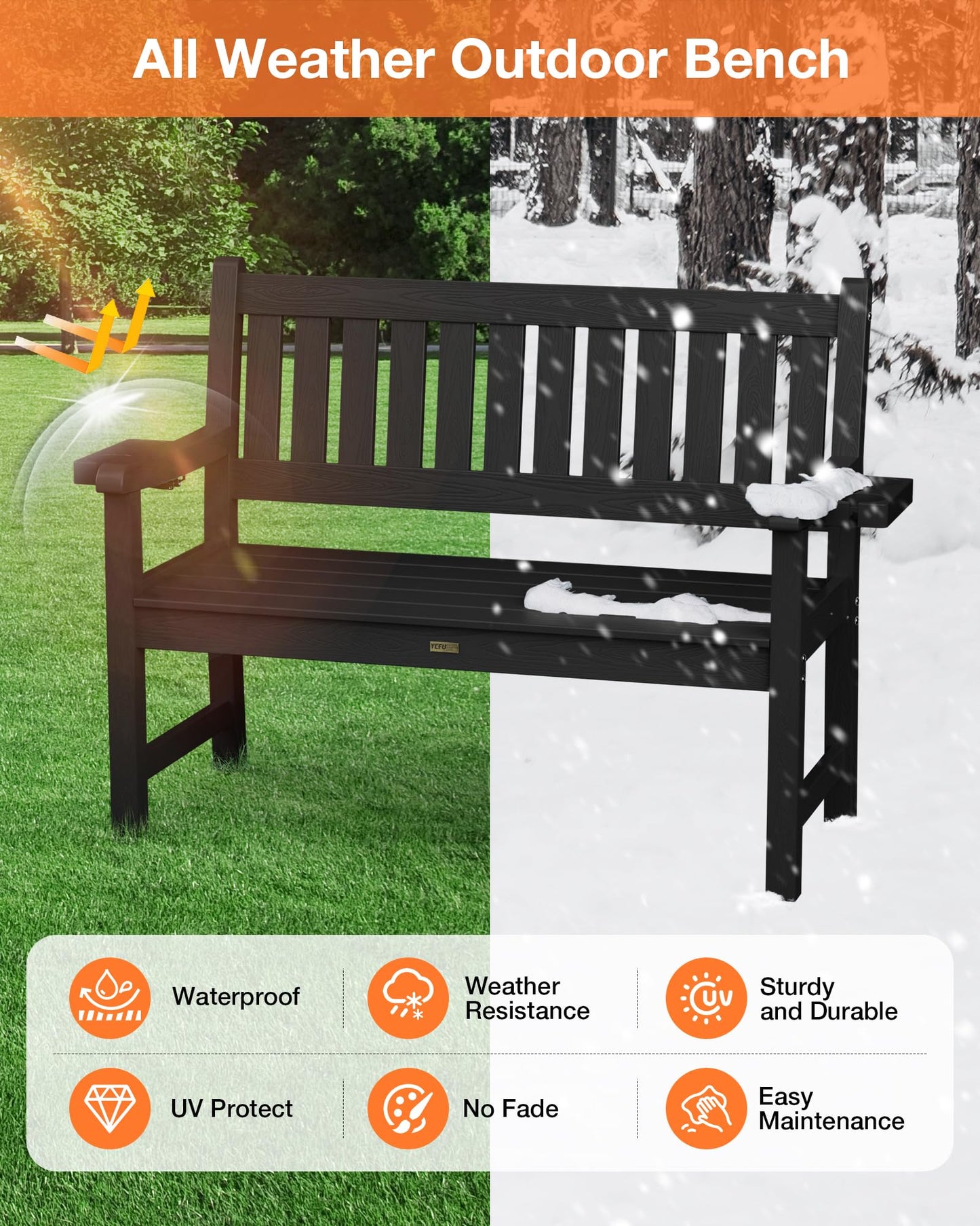 YEFU Outdoor Bench for Patio Waterproof: Heavy Duty 2-Person Garden Bench with 2 Cup Holders & Oversized Seating - HIPS Weatherproof Patio Benches for Front Porch Backyard Park, Black