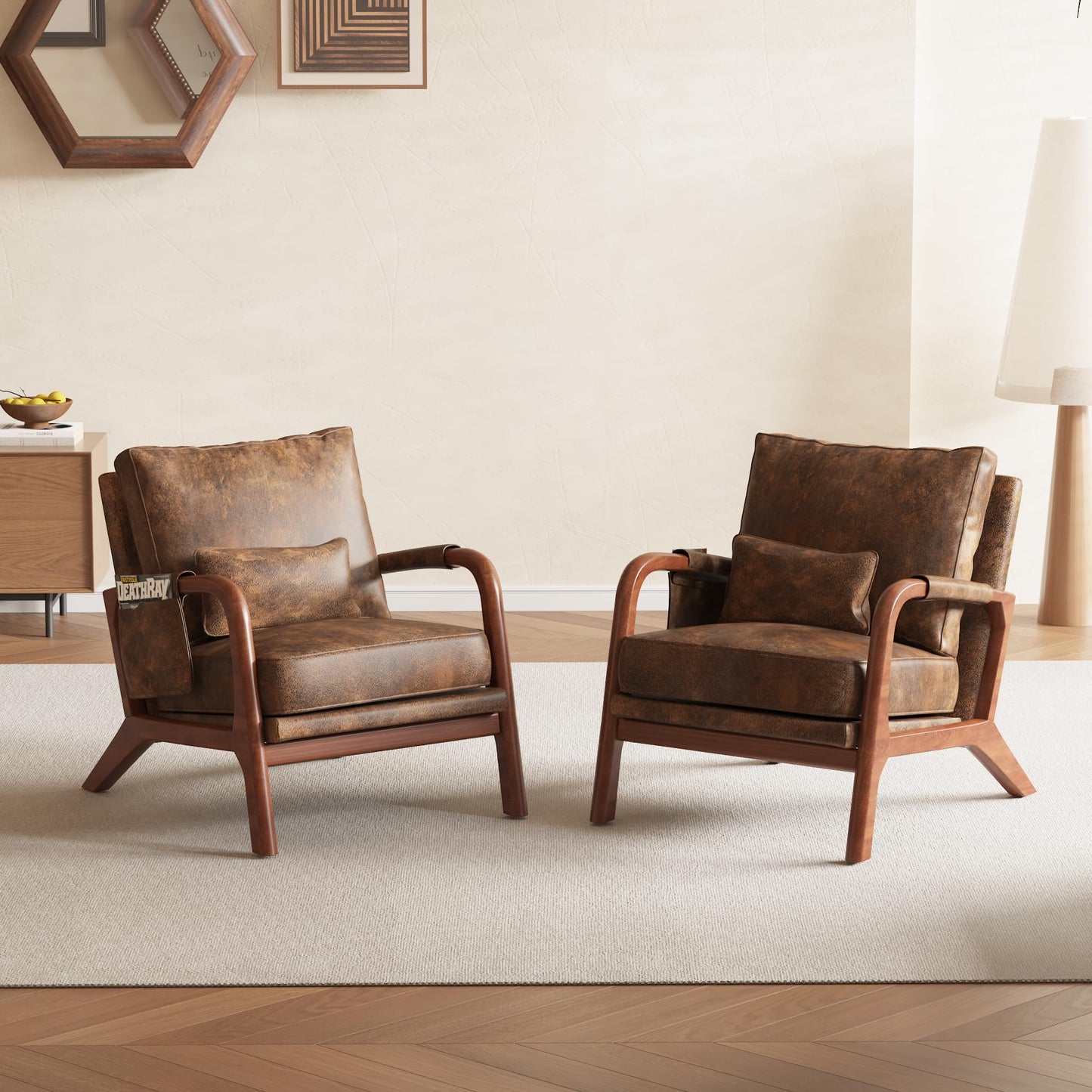 AILIUHUA Mid Century Modern Chair Set of 2, Upholstered Lounge Arm Chair with Solid Wood Frame, Comfy Accent Chair for Living Room, Bedroom, Reading, Reception, Brown