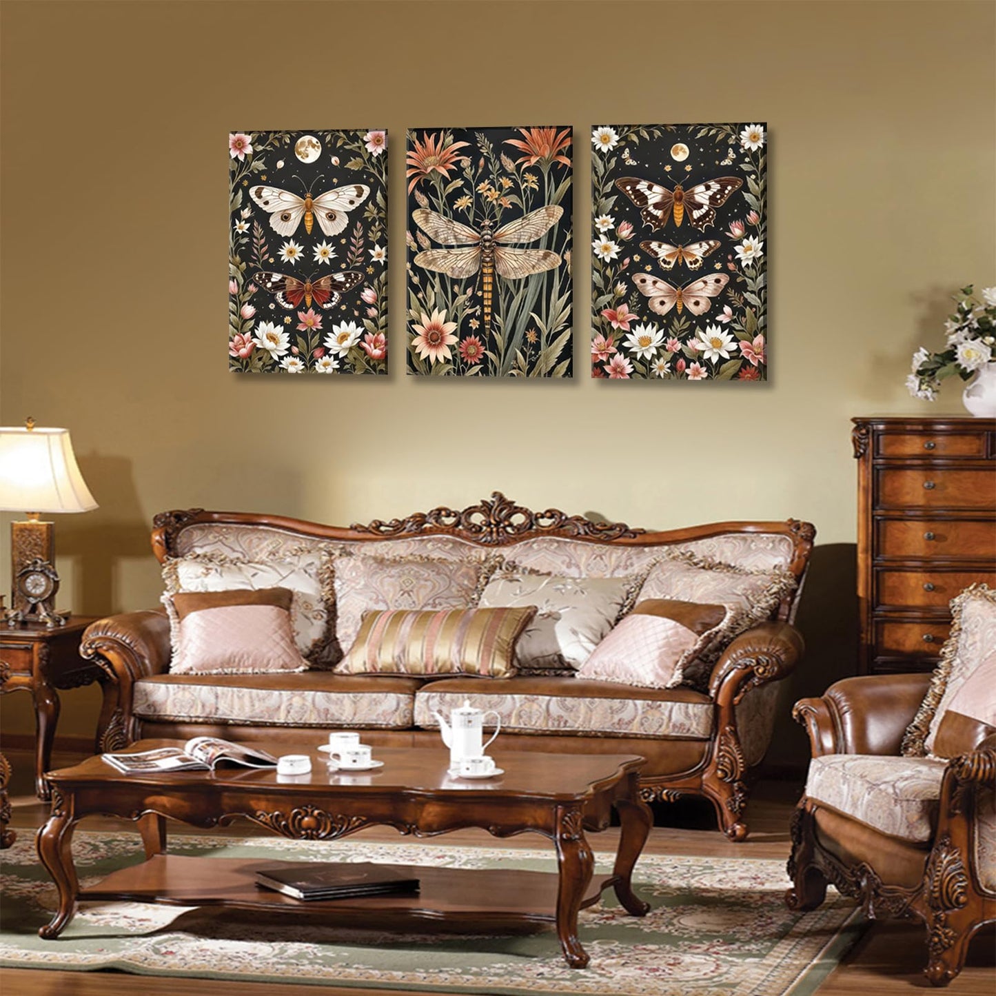 3Pcs Vintage Insect Wall Art Moody Insect Canvas Pictures Butterfly and Dragonfly Prints for Living Room Bedroom Bathroom 12x16in Canvas