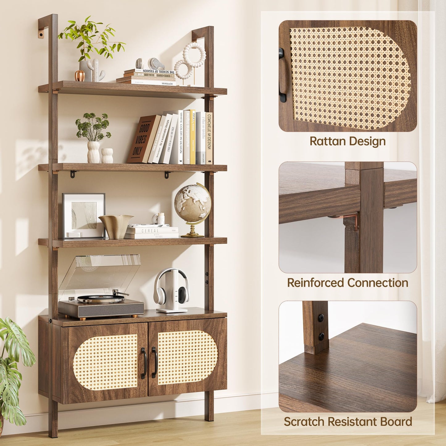 72" Tall Ladder Bookshelf with Cabinet - Faux Wood Grain Finish, 5-Tier Open Storage with Rattan Doors, Wall Mounted Book Shelf, Rustic Brown