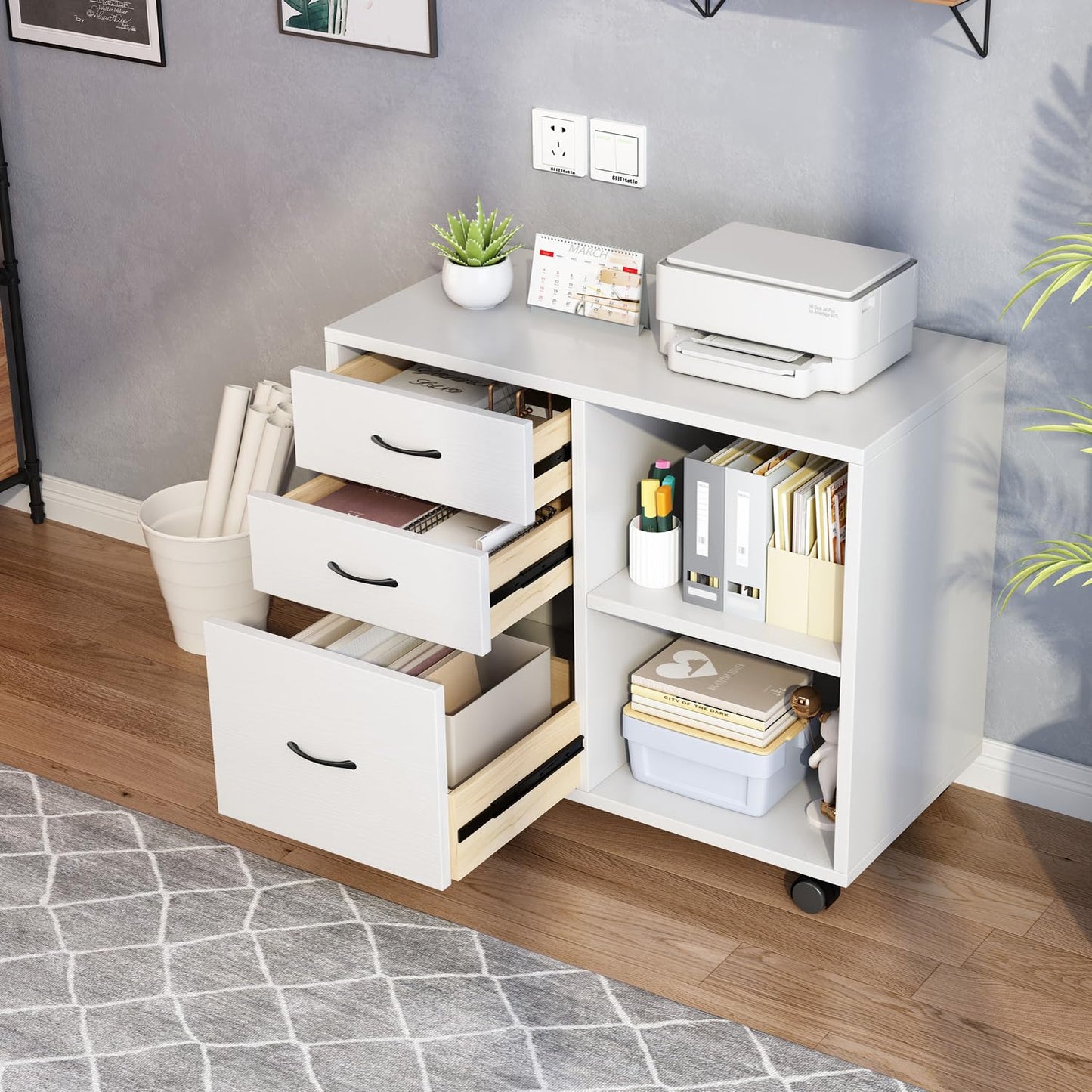 3 Drawer office furniture storage cabinet，Office Pedestal Files storage cabinet，Printer Stand with Open Storage Shelves and Rolling Wheels for Office and Home Organization,black and white (White)