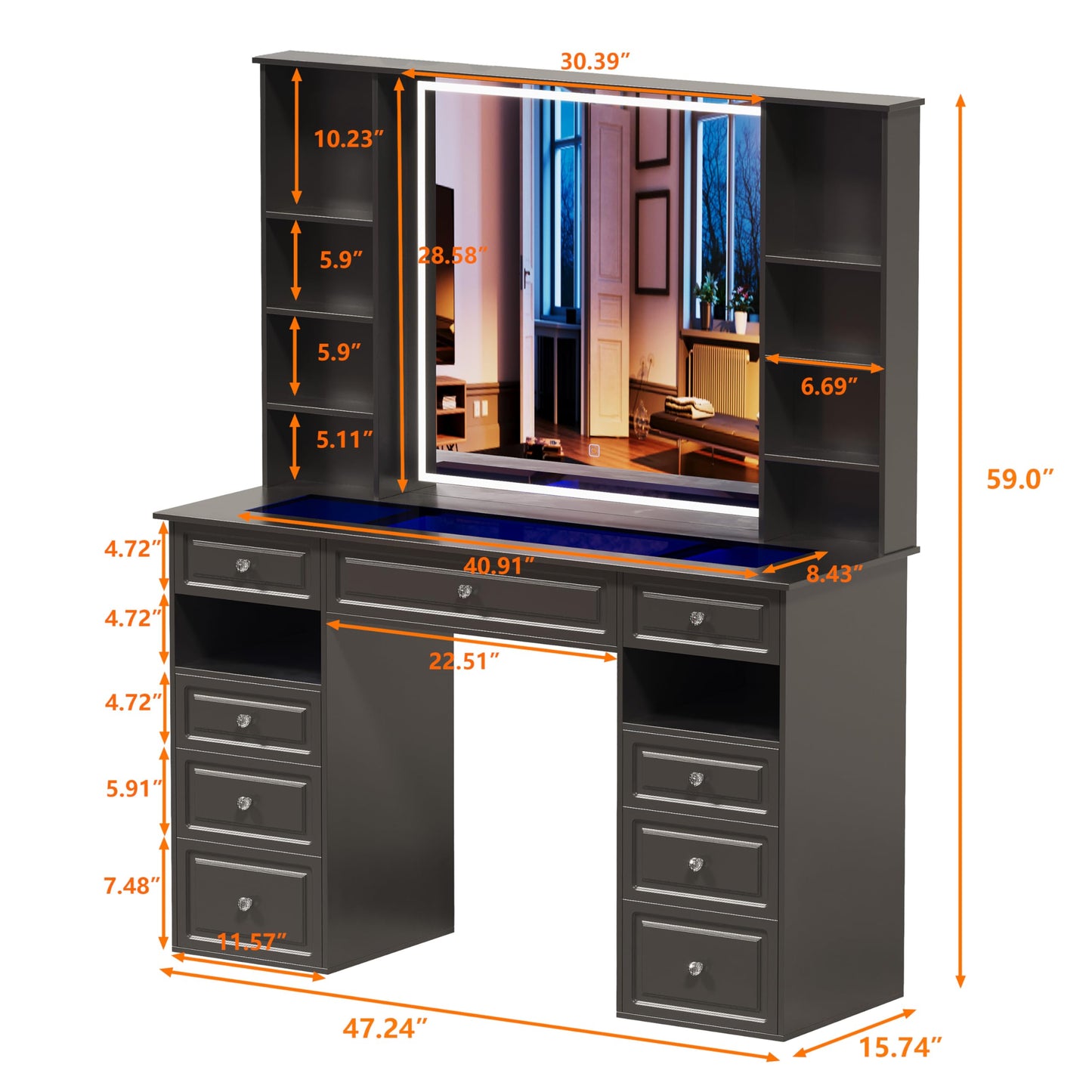 Wildhome Vanity Desk with Mirror and Light, Glass Top Dresser with 9 Drawers, Vanity Table with Storage, Dressing Table, Bedroom Makeup Desk for Women (Black-Glass Top)