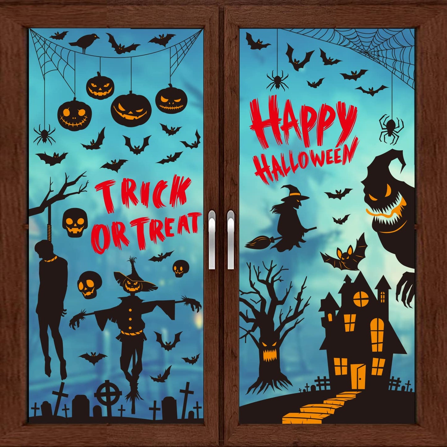9 Sheets Halloween Window Clings Stickers Decorations Scary Black Ghosts Pumpkin Spider Bats Double Side Decals for Party Glass Decorate Happy Halloween Window Clings for Party Decoration