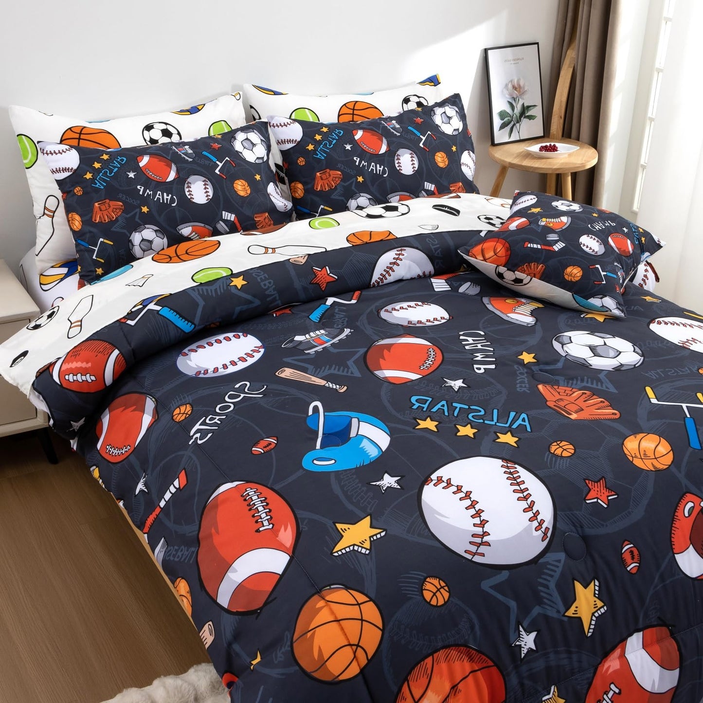 A Nice Night 6Pcs Bed in A Bag Full Sports Microfiber Modern Comforter Set,Gray Rugby Ball Printed Bedding Collections,for Boys Kids Teen