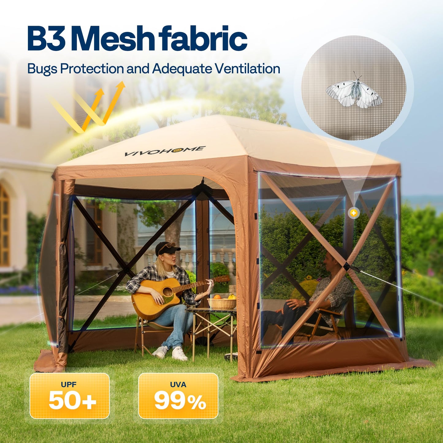 VIVOHOME 12x12ft Pop-Up Gazebo Screen Tent, 6-Sided Instant Outdoor Canopy Shelter with Large Main Door, Wind Panels, and Screens for Outdoor Parties, Camping, Lawn and Backyard