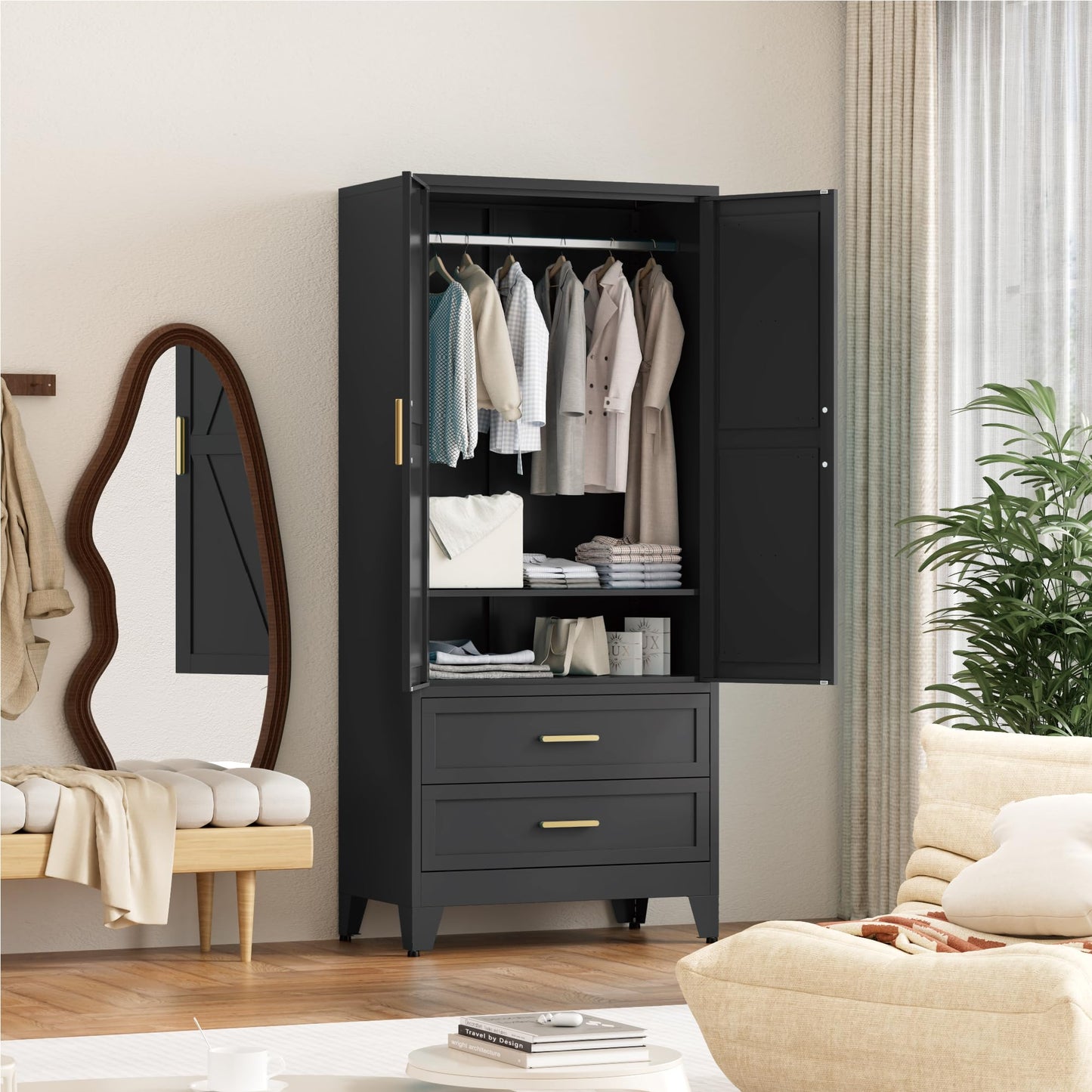 Washsemba 71'' Farmhouse Metal Wardrobe Cabinet with Hanging Rod, 2 Barn Door Wardrobe Closet with Adjustable Shelves,2 Drawer,for Dining Room,Bedroom,Living Room, Cloak Room,Office (Black)