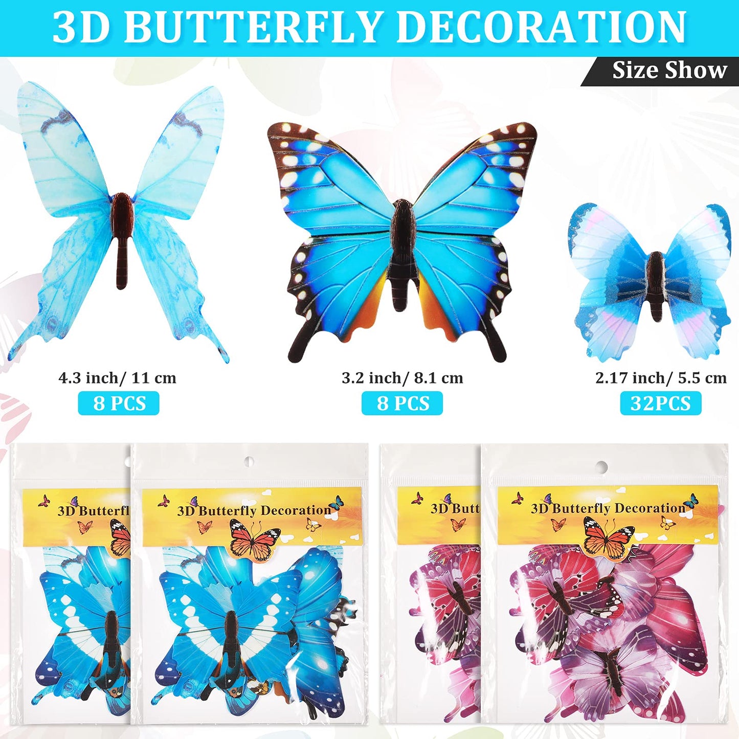 48 Pieces Glow in The Dark Butterflies for Ceiling 3D Butterfly Decal Sticker Wall Decor DIY Adhesive for Room Nursery Living Room Luminous Realistic Home Garden(Purple and Blue)