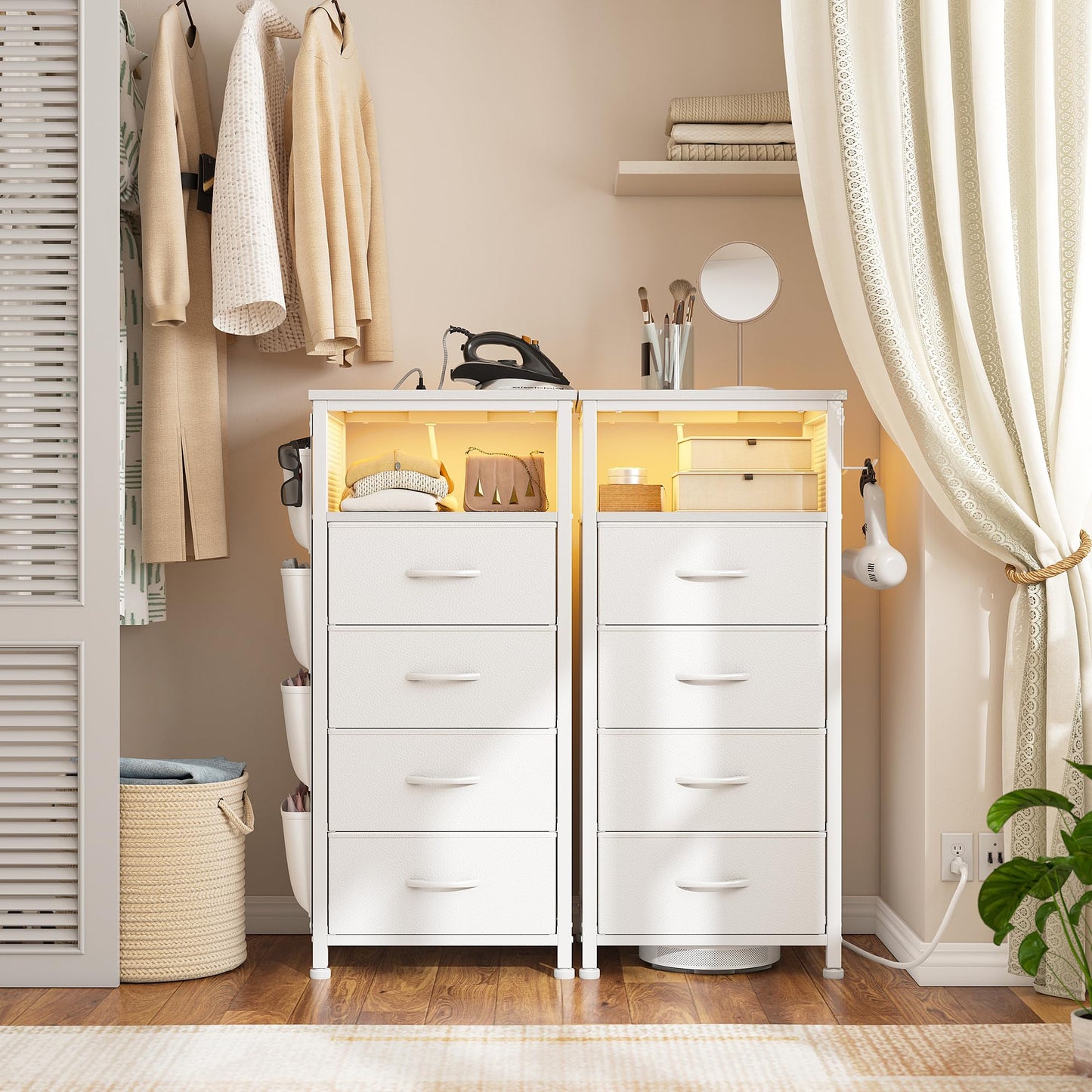 White Nightstand Set of 2,LED Night Stand with Charging Station,Fabric Dresser for Bedroom, Hallway, Entryway, Living Room, Closet, Sturdy Steel Frame, Wood Top, Cloth Bags, Hooks, White