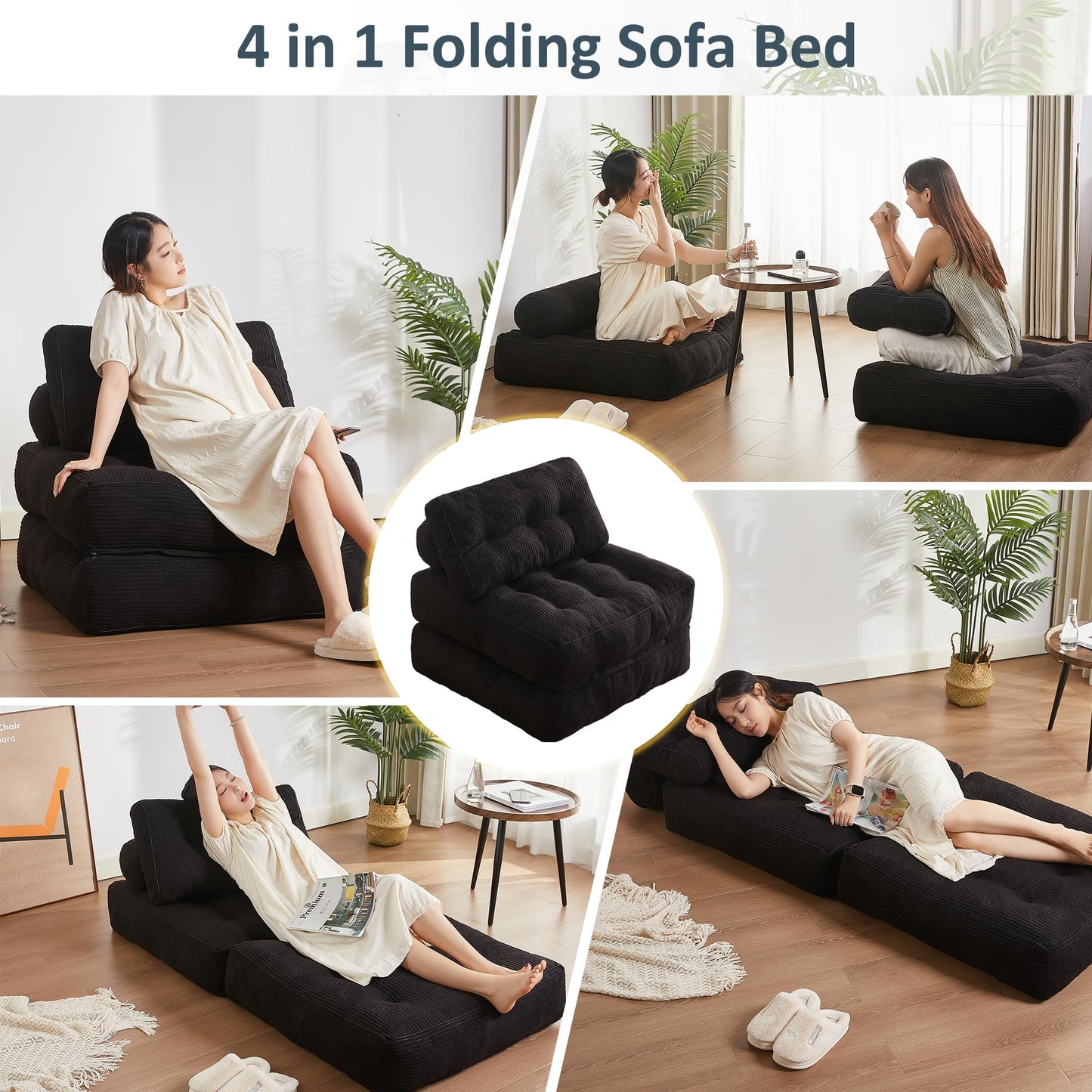 Afuson Folding Chair Bed, Futon Sofa Bed, Floor Couch for Adults Chair Bed for Living Room, Lounge Sofa, Convertible Sofa Bed, Small Couches for Small Spaces, Black