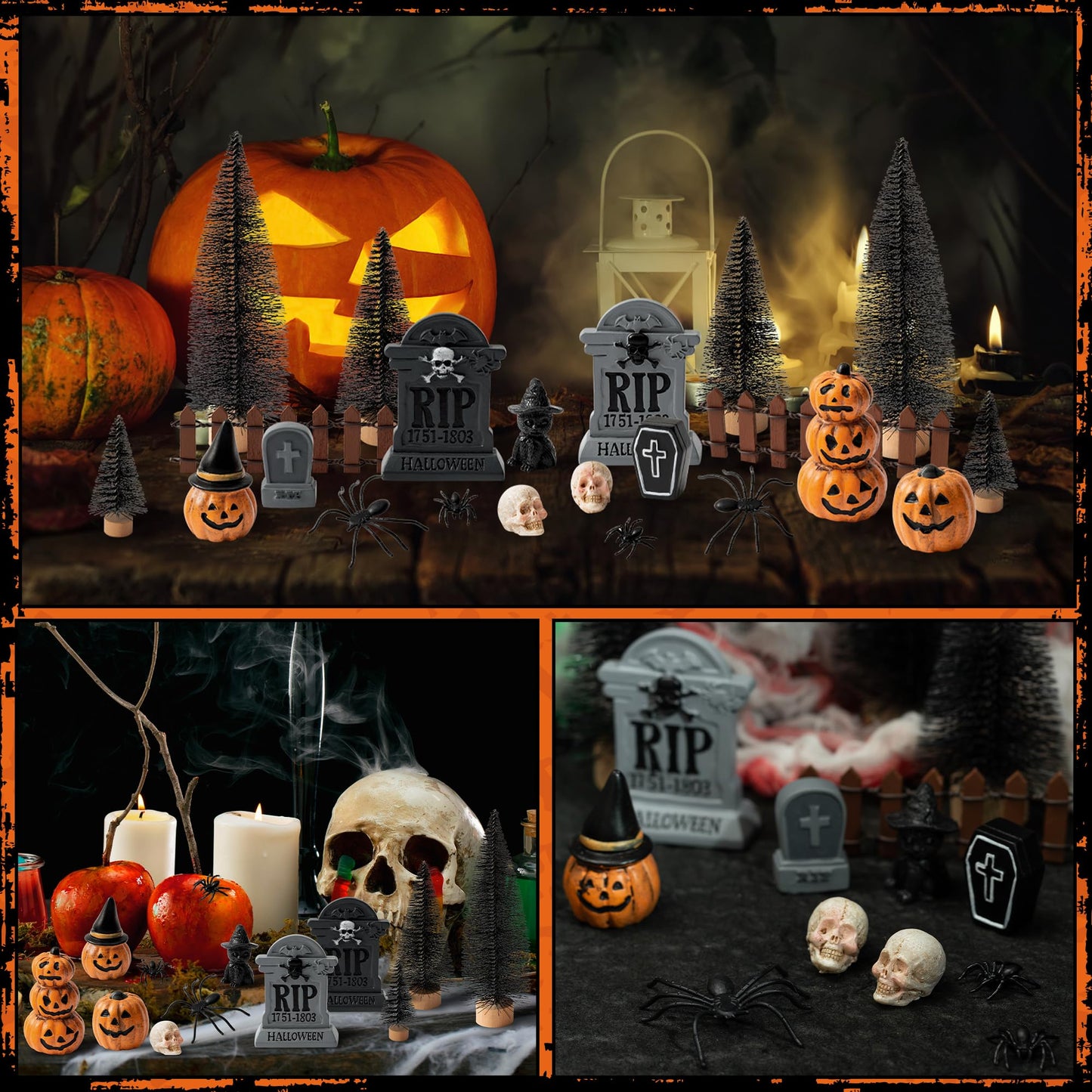 W1cwey Halloween Village Scene Ornaments Accessories, Set of Pumpkin, Tombstones, Skeletons, Spiders, Black Cat, Pine Trees, Resin Miniature Garden Scene Decor for Halloween Party