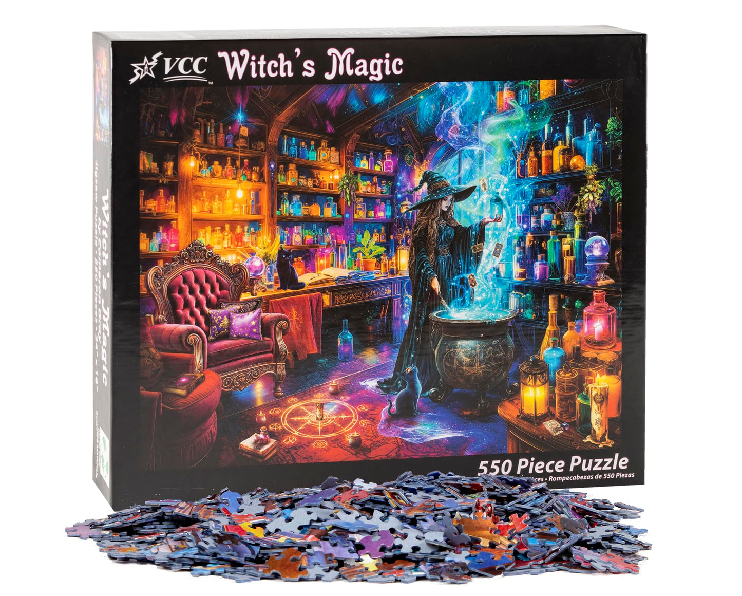 Witch's Magic Halloween Jigsaw Puzzle 550 Piece by Vermont Christmas Company - Fully Interlocking & Randomly Shaped Pieces - 24" x 18" - Family Halloween Puzzles