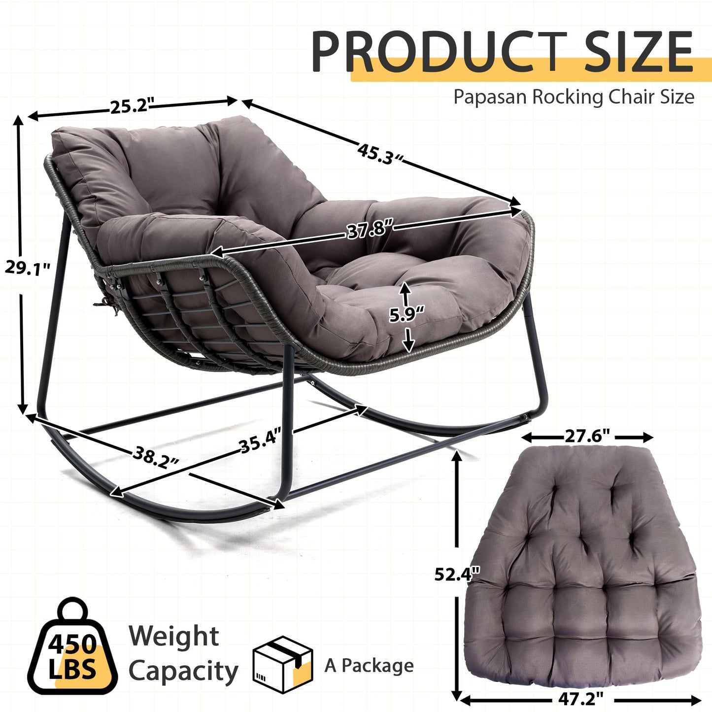 Yechen Outdoor Indoor Papasan Rocking Chair, Wicker Cozy Chair with Cushion, Oversized Outdoor Patio Reading Chair, Egg Chairs for Bedroom/Living Room/Porch/Garden/Lawn, Charcoal Grey
