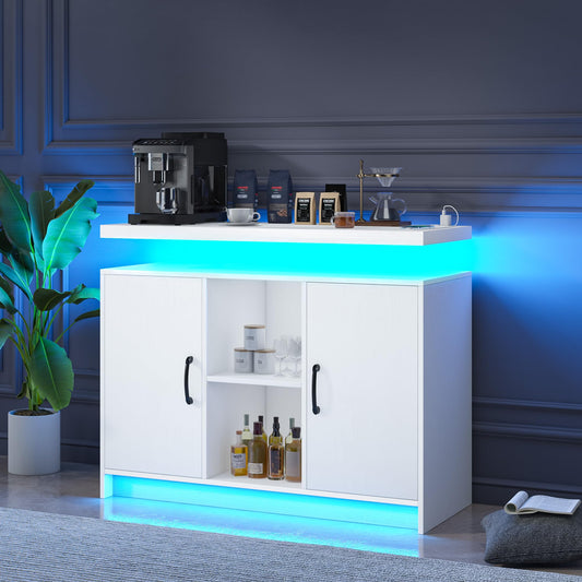 4 EVER WINNER White Buffet Cabinet with Storage, Bar Cabinet with Led Lights and Power Outlet, Floating Coffee Station with Adjustable Shelves, Modern Sideboard Cabinets for Kitchen, Dining Room