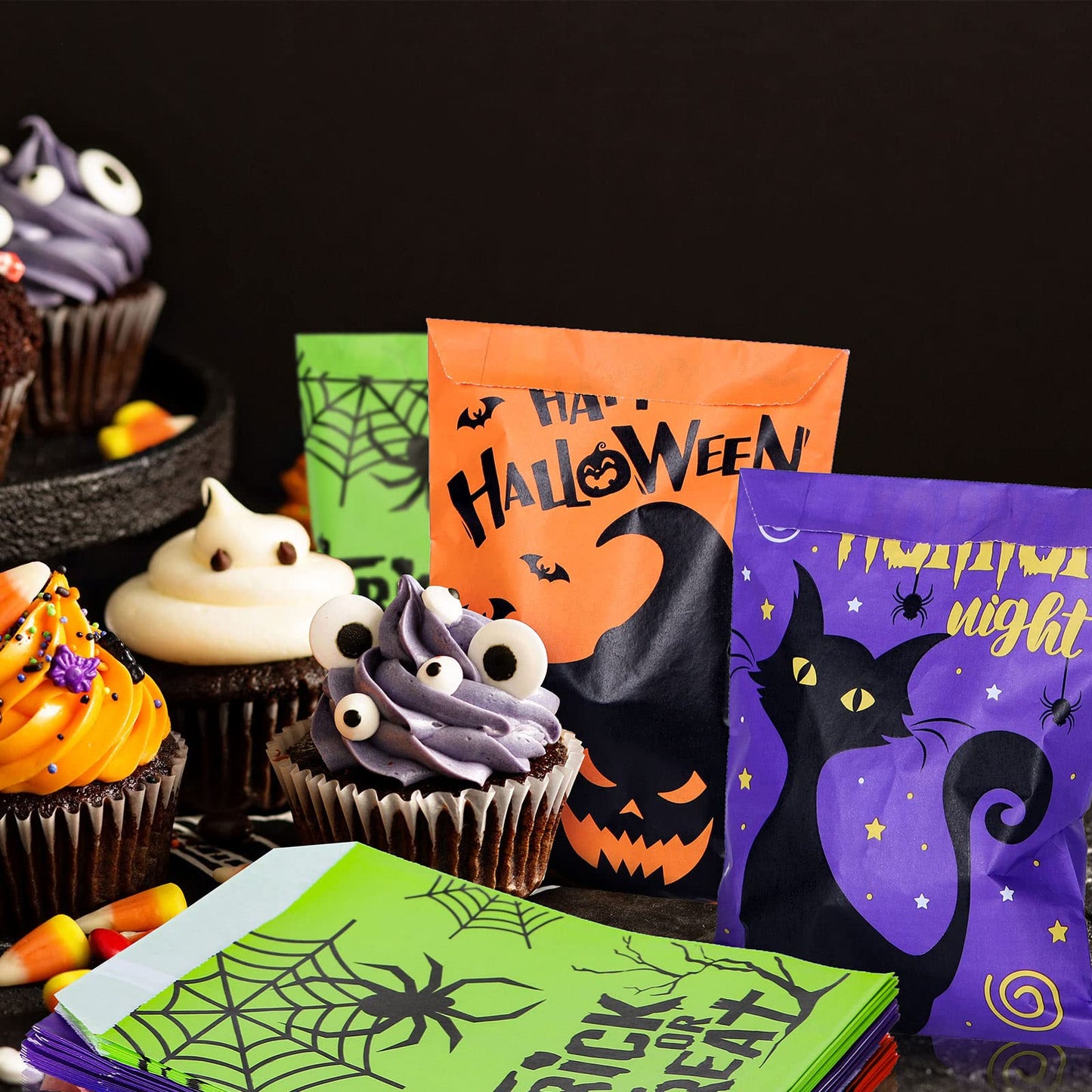 Whaline 120Pack Halloween Treat Bags 4 Designs Cartoon Grimace Pumpkin Cat Ghost Spider Pattern Candy Buffet Bags Trick or Treat Paper Gift Bags for Chocolate Cookies Goodies Halloween Party Favor
