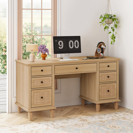 Yechen 58'' Wood Executive Desk with 7 Drawers - Modern Natural Rattan Home Office Desks with Charging Station, Large Long Computer Desk with Storage, Boho Writing Table for Work, Study, Natural Oak