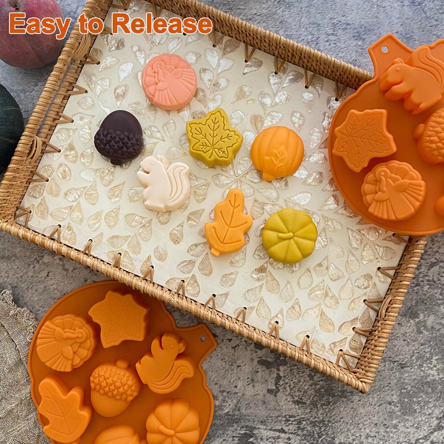 2PCS Fall Silicone Molds Thanksgiving Chocolate Mold Pumpkin Soap Mold Autumn Maple Leaf Candy Mold Acorn Squirrel Ice Cube Mold for Baking Halloween Cake Cupcake Decoration (Amber yellow)