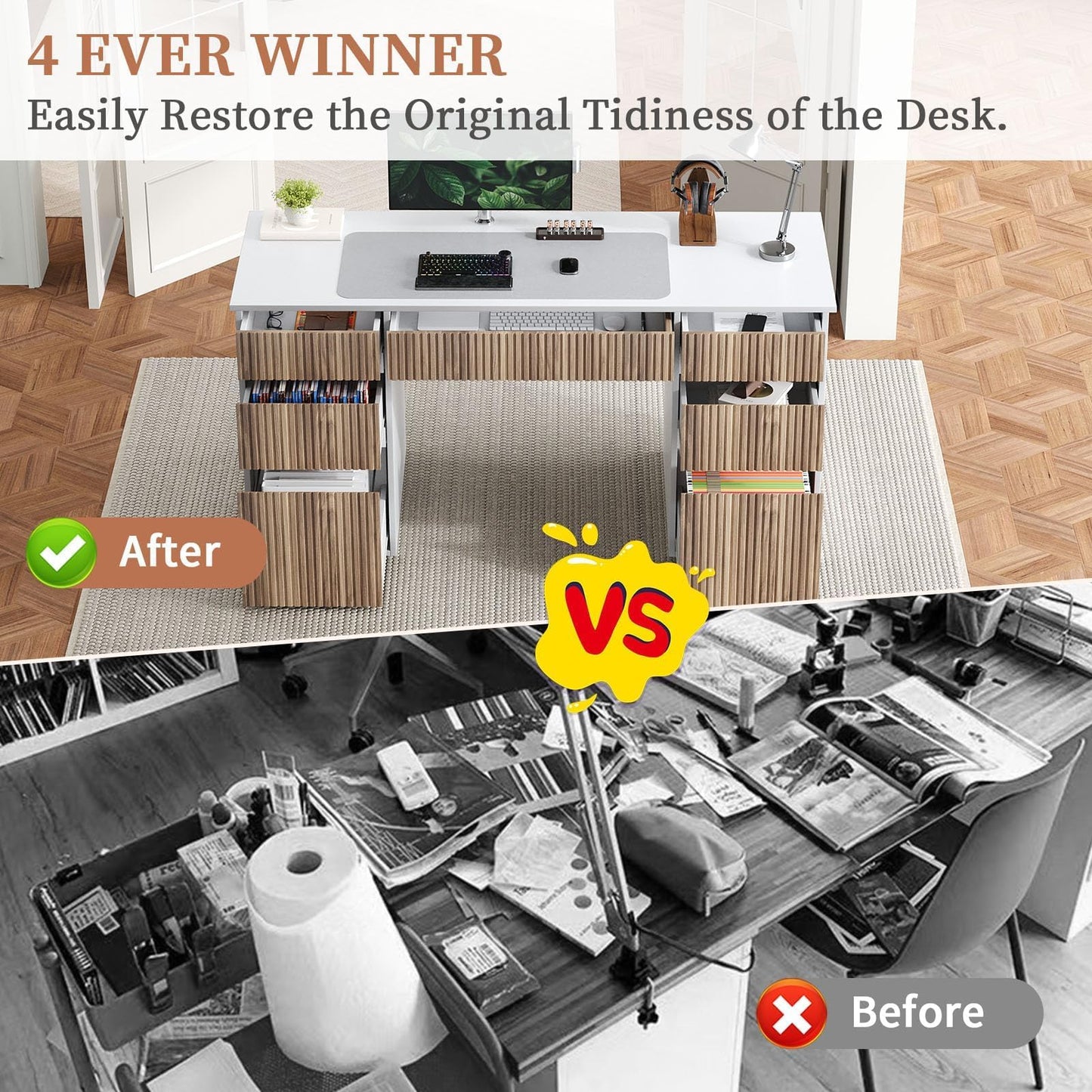 4 EVER WINNER 58 Inch White Desk with Drawers, Home Office Desks with 7 Storage Drawers, Executive Desk with File Cabinet for Bedroom Study Work Table Writing, White and Walnut