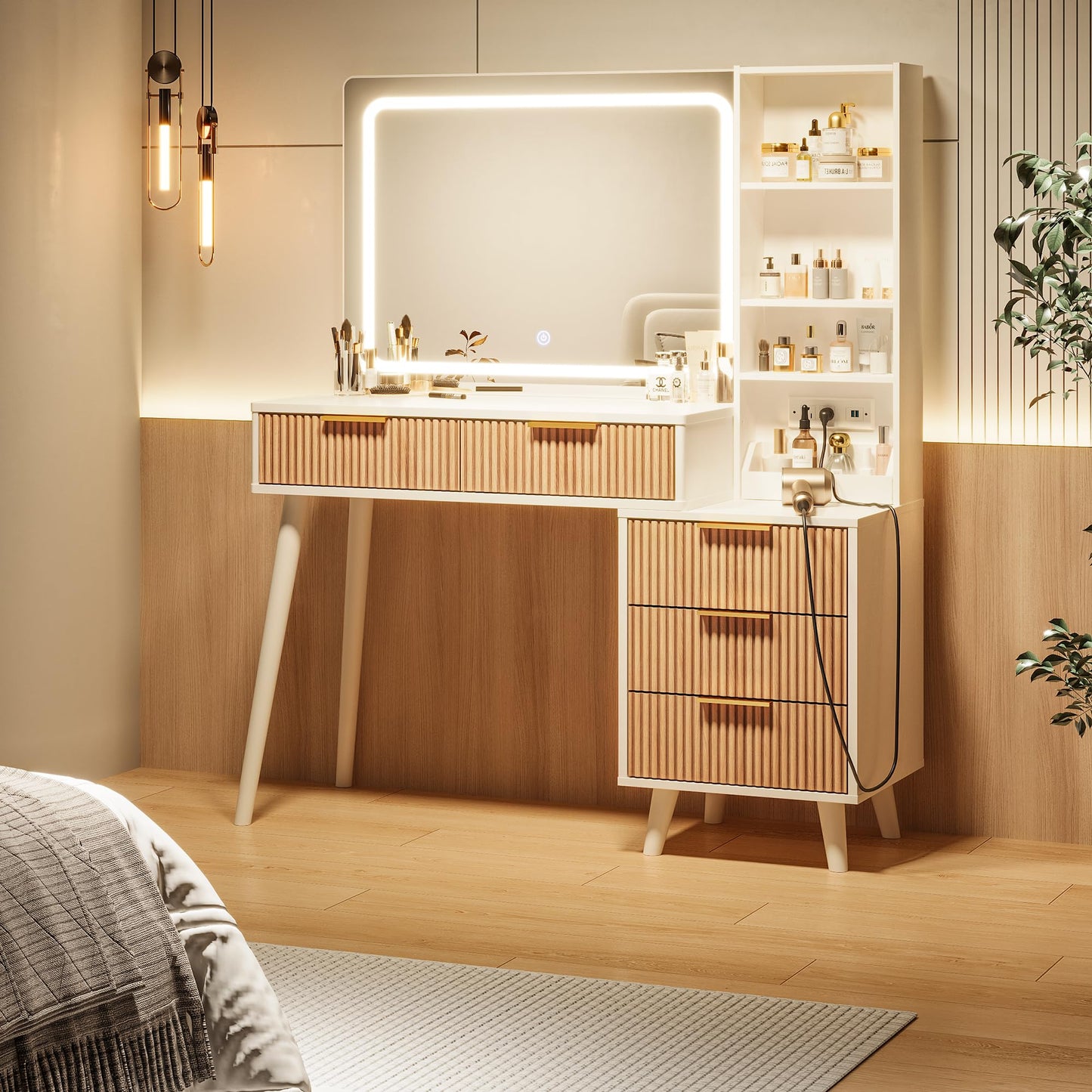 44" Vanity Desk with Mirror and Lights, Makeup Vanity Desk with Power Outlet, Makeup Desk with 5 Drawers&Storage Shelves, Vanity Table 3 Color Adjustable Brightness Dressing Table Set for Bedroom