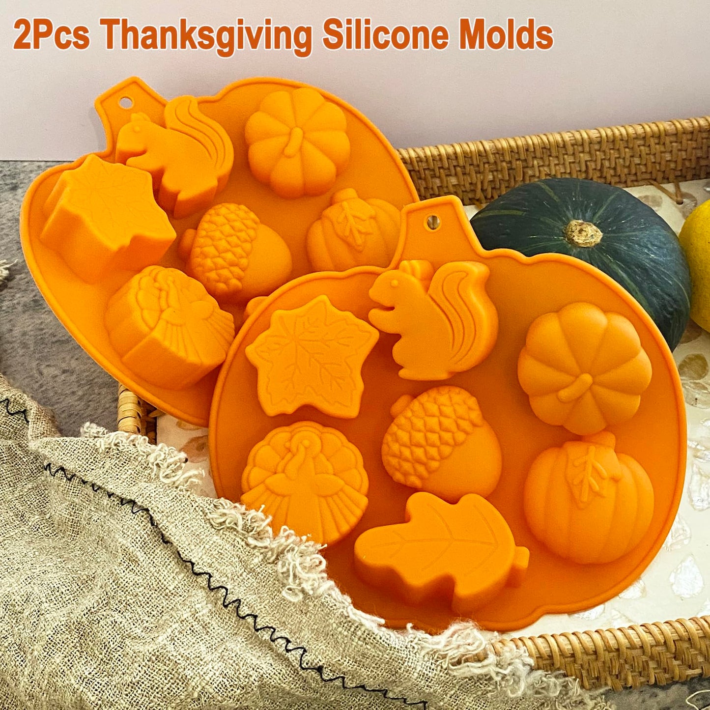 2PCS Fall Silicone Molds Thanksgiving Chocolate Mold Pumpkin Soap Mold Autumn Maple Leaf Candy Mold Acorn Squirrel Ice Cube Mold for Baking Halloween Cake Cupcake Decoration (Amber yellow)