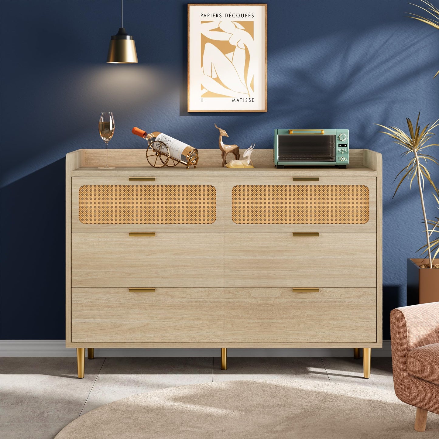 6 Drawer Double Dresser for Bedroom, 47" Wide Modern Chest of Drawers, Wooden Storage Rattan Dresser for Bedroom Living Room Hallway, Oak
