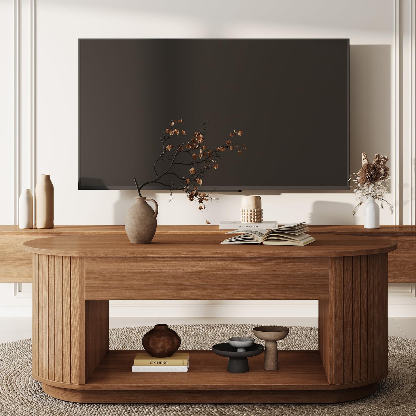 47-Inch Lift Top Wood Coffee Table with Hidden Storage Compartment and Open Shelf for Living Room, Fluted Oval Center Tea Table with Wooden Lift-Top for Apartment, Small Space, Light Brown Oak