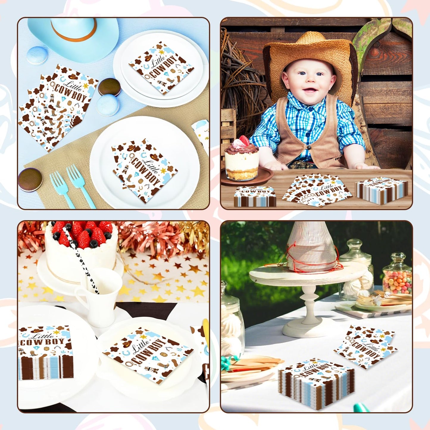 50PCS Cowboy Baby Shower Napkins - A Little Cowboy is on the Way Baby Shower Paper Napkins Western Rodeo Little Cowboy Disposable Napkins 6.5" x 6.5"