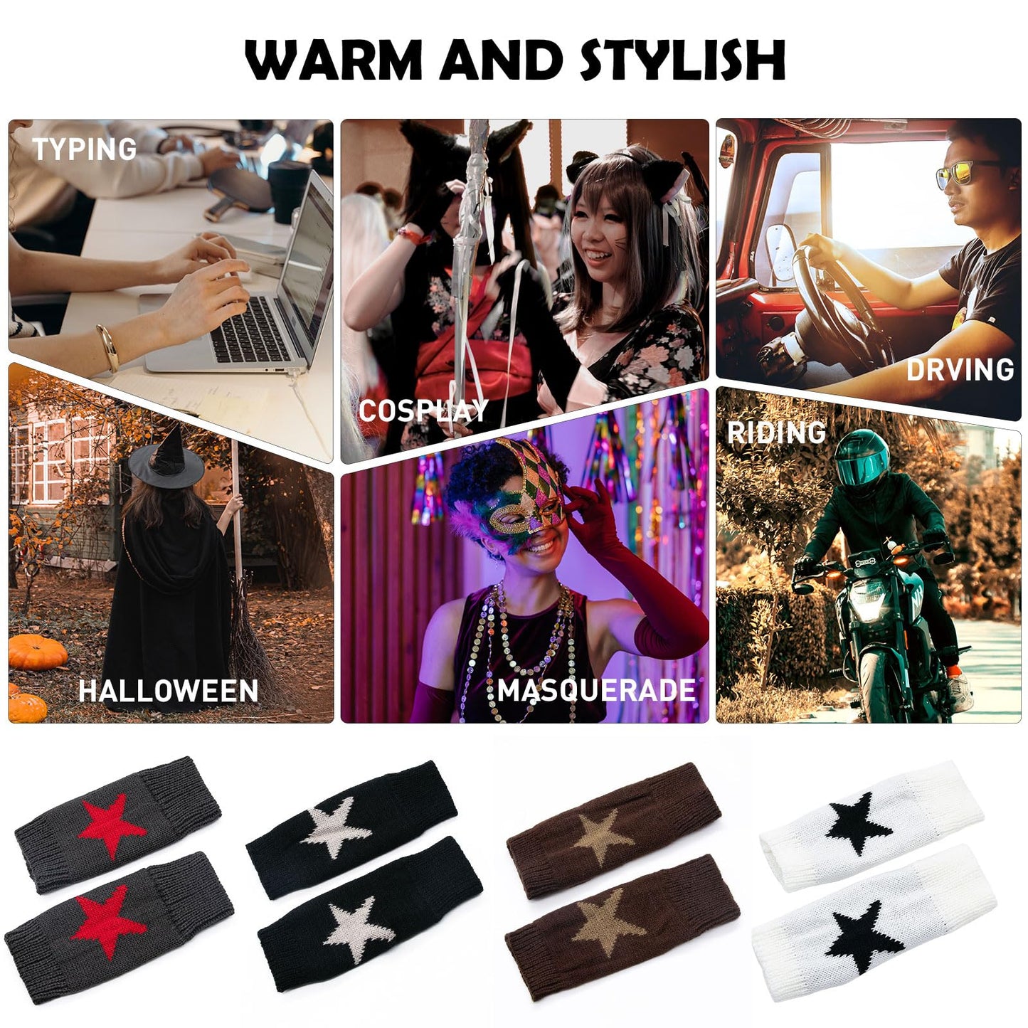 YAMEIZE Fingerless Star Printed Knitted Gloves - Wrist Warmers Y2K Mittens Knitted Gloves for Women Men Typing (Black)