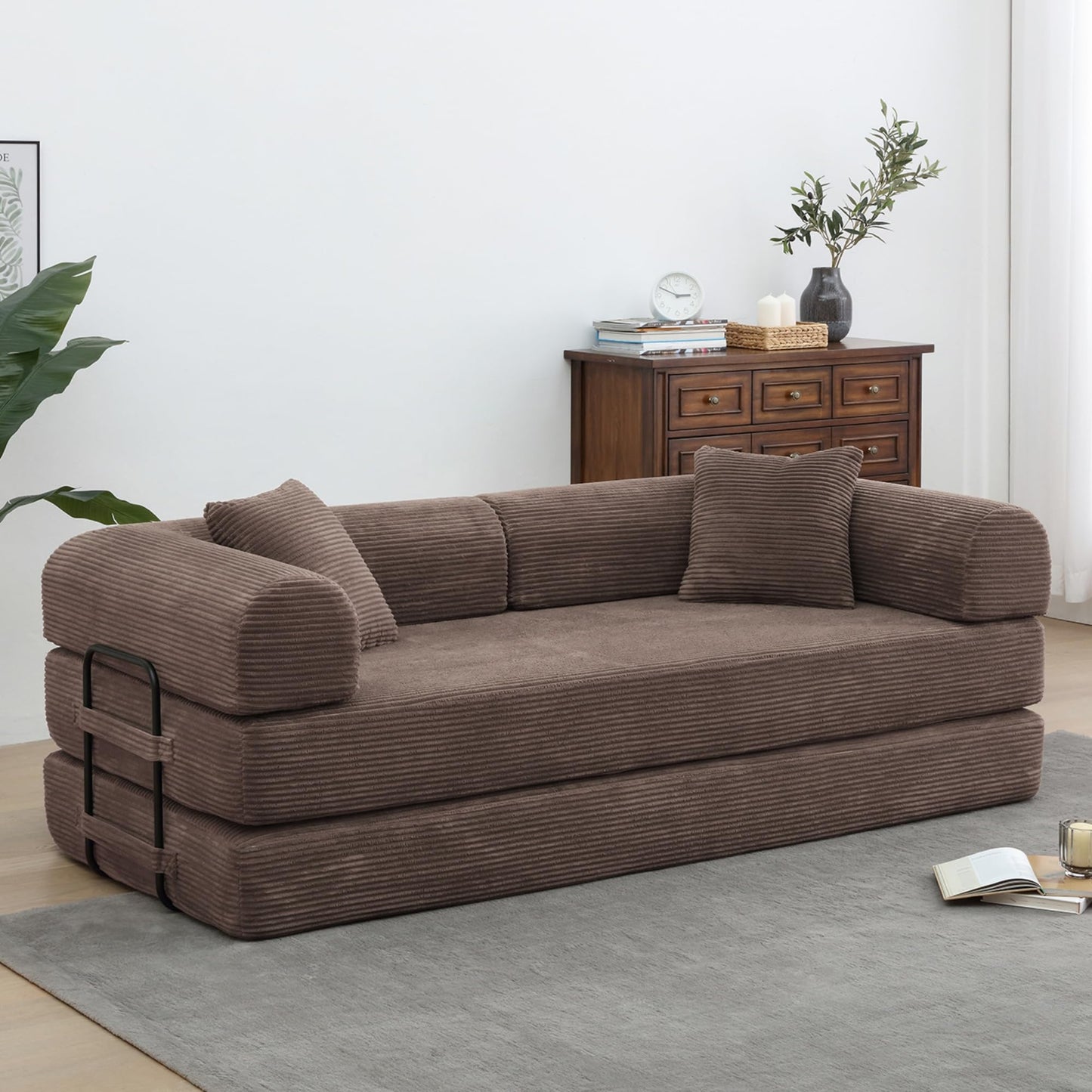 VYNELITO Comfy Convertible Sleeper Floor Sofa Bed, Corduroy Folding Mattress Couch with Fixed-Shape Frame, Floor Sofa with Armrest, Lounge Couch for Living Room Bedroom Lounge Studio,Brown