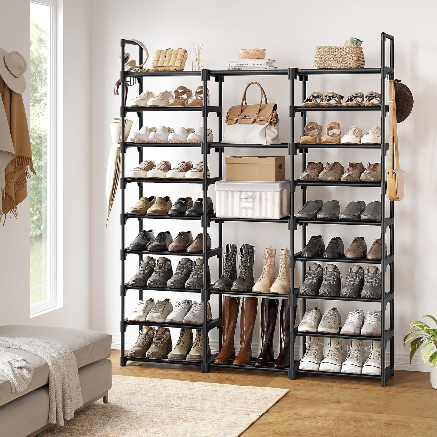 WOWLIVE 9 Tiers Large Shoe Rack Storage Organizer for Closet 50-55 Pairs Shoe Tower Unit Shelf Stackable Shoe Rack with Metal Pipes Plastic Connectors Black(SSS3B9)