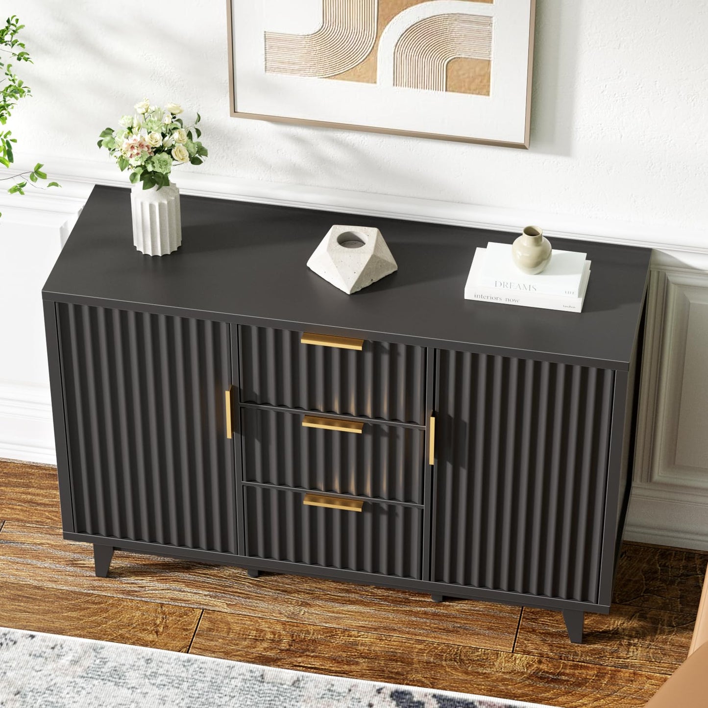 47.2" W Storage Cabinet with 3 Drawers, Fluted Buffet Cabinet with Storage, Large Sideboard with 2 Door, Modern Mid Century TV Stand Coffee Bar Cabinets for Living Room, Kitchen, Entryway