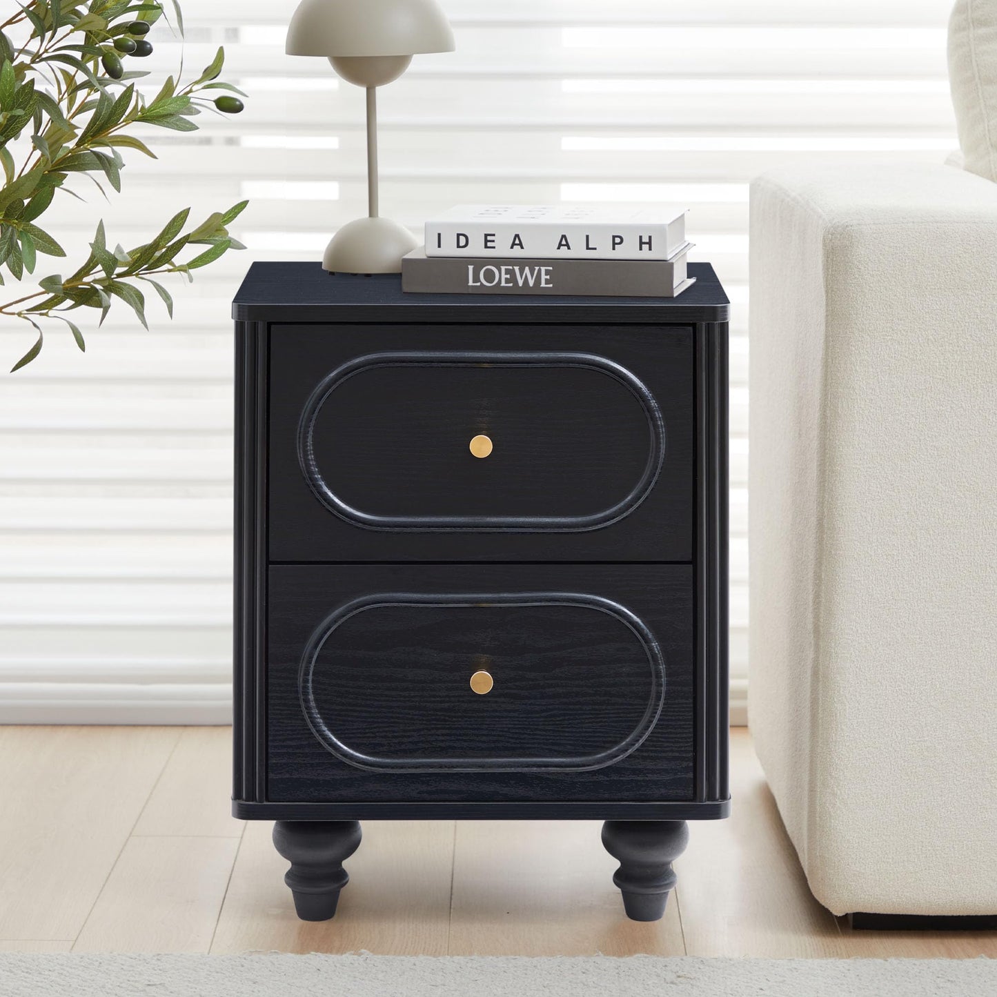 2 Drawer Fluted Nightstand Set of 2, Mid Century Modern Farmhouse Night Stand Small End Table Bedside Table for Bedroom, Living Room, Black
