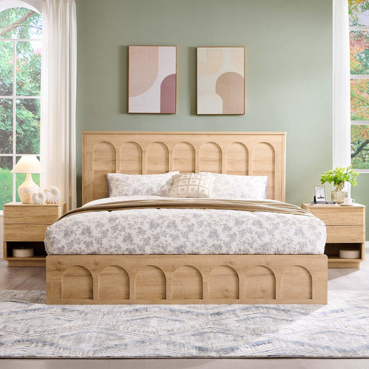 ACCOHOHO King Size Bed Frame Modern with 52" Tall Arched Recessed Headboard and 4 Drawers, Solid Wood Slats Support, Wood Platform, Noise Free, No Box Spring Needed, Natural Oak