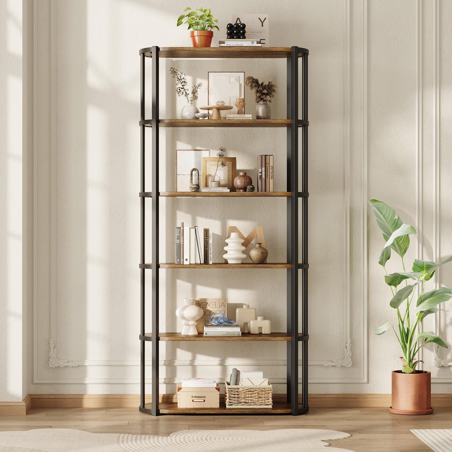 71 Inches Wooden Bookshelf, 6 Tier Industrial Tall Book Shelf, Metal Frame Large Open Bookcase, Freestanding Wooden Bookshelf Storage Rack for Bedroom, Living Room, Home Office, Rustic Brown and Black