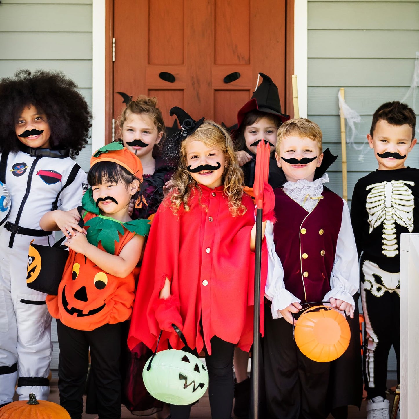 48 Pcs Fake Mustaches for Kids and Adults – 8 Styles Self-Adhesive Stick-On Mustache Set for Halloween, Costume Parties, Disguise Games, and Cosplay Accessories