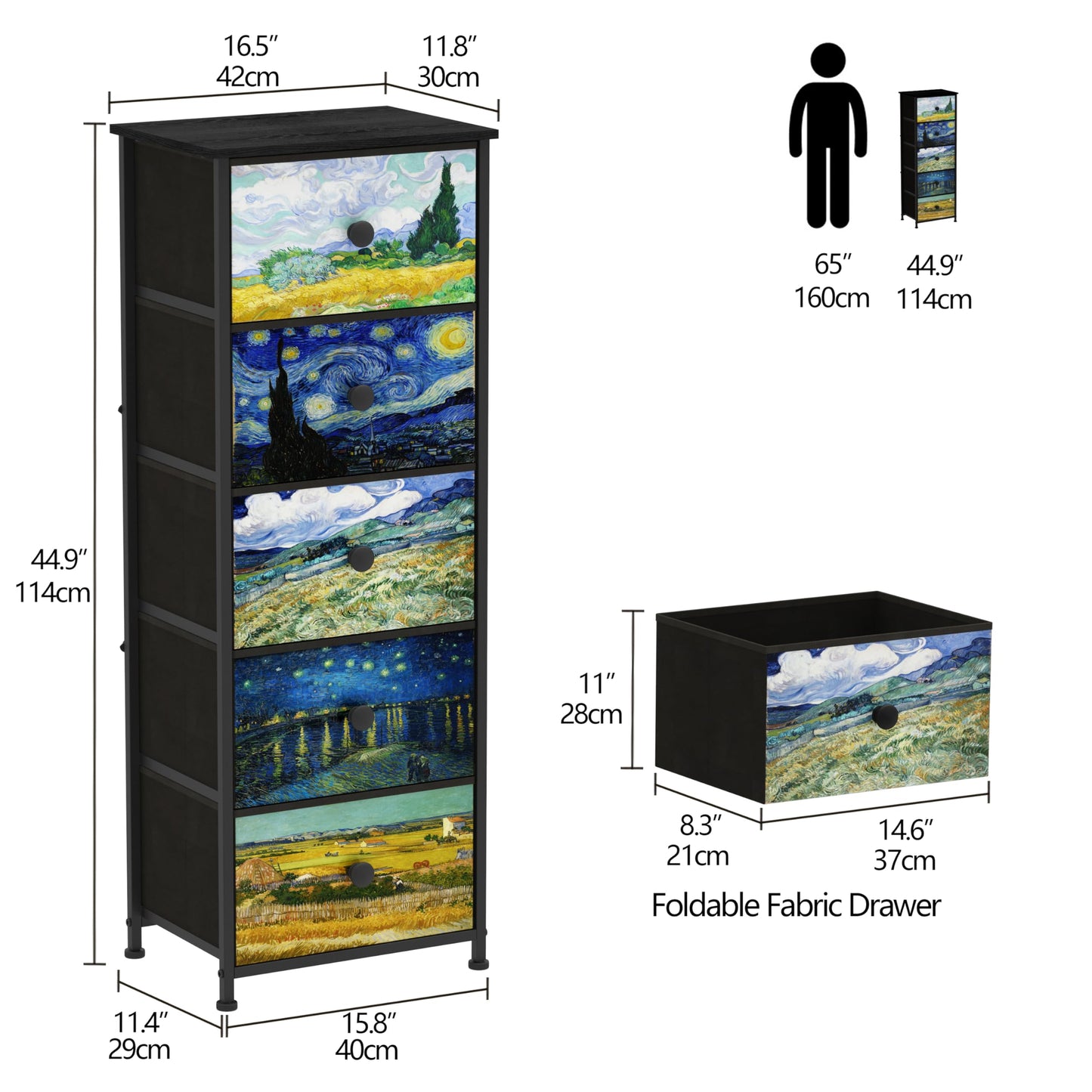 Welfuturer Dresser with 5 Drawers Narrow Tall Nightstand Van Gogh Dresser for Bedroom Fabric Drawer Organizer Unit for Living Room Entryway Hallway Closet Sturdy Steel Frame Wooden Top