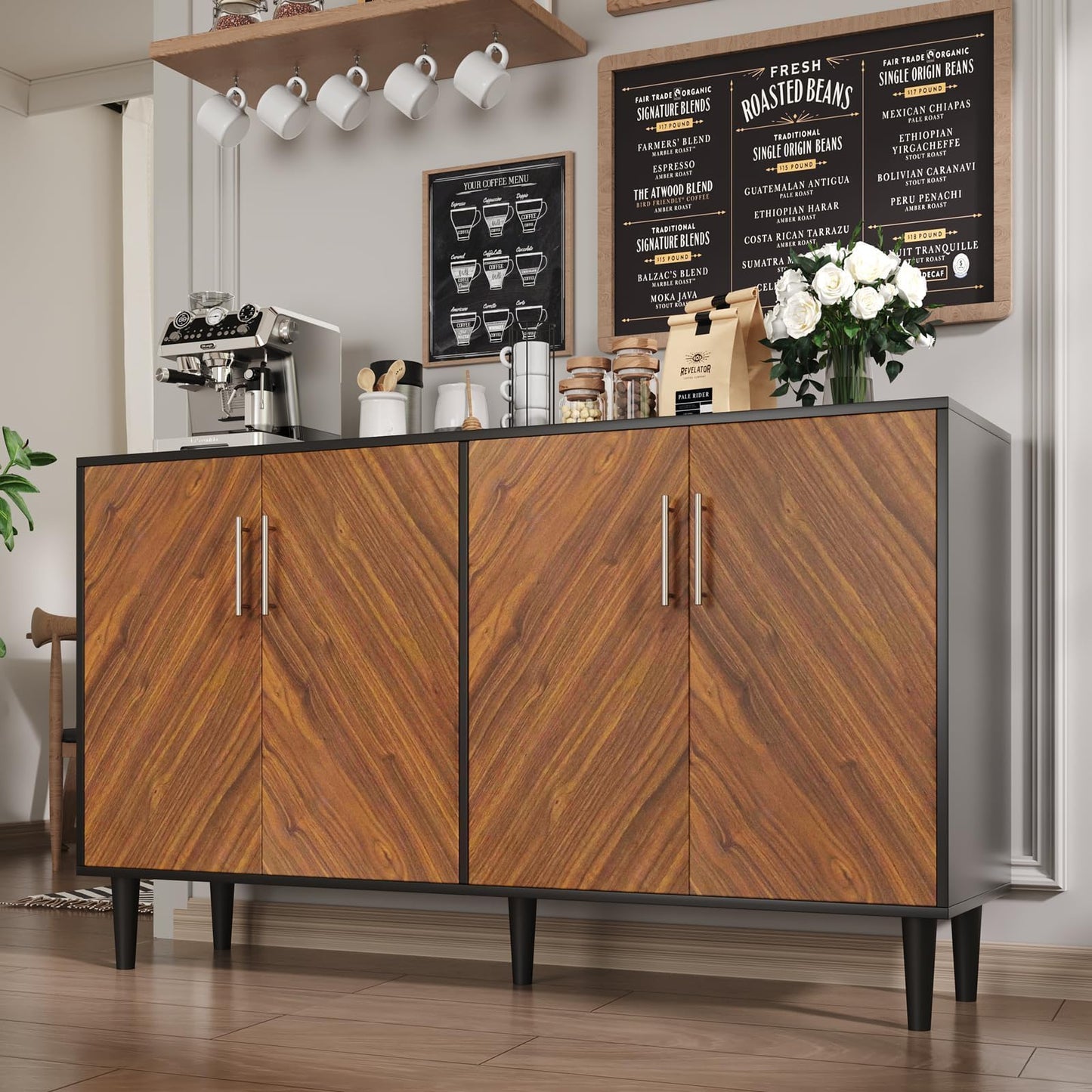 4 EVER WINNER Sideboard Buffet Cabinet with Storage, 58" Large Storage Cabinet with Adjustable Shelves, Modern Coffee Bar with 4 Doors for Living Room Entryway, Walnut and Black