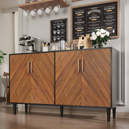 4 EVER WINNER Sideboard Buffet Cabinet with Storage, 58" Large Storage Cabinet with Adjustable Shelves, Modern Coffee Bar with 4 Doors for Living Room Entryway, Walnut and Black