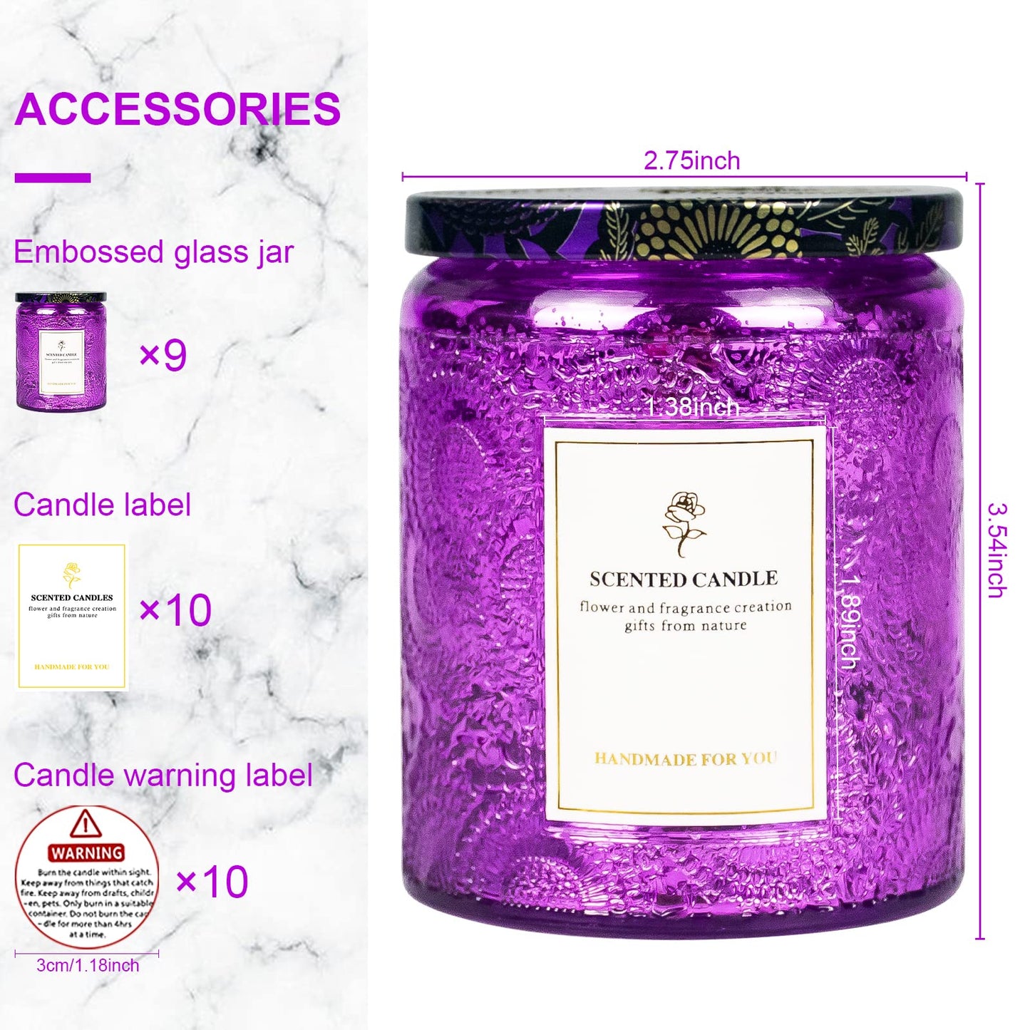 8.8oz Embossed Blinking Glass Candle Container, 9 Pack Electroplated Shining Candle Jar with Embossed Lid for Candle Making DIY Craft (Purple Embossed)