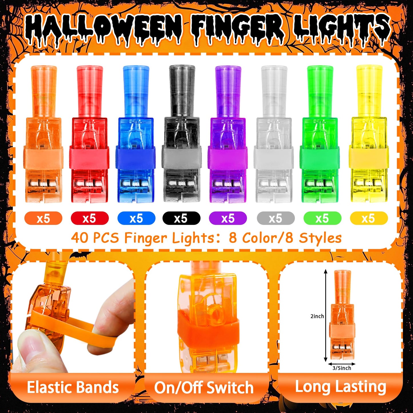 40 Pcs Halloween Party Favors Finger Lights for Kids, Halloween Light Up Toys Bulk Glow in the Dark Halloween Treats Non Candy Goodie Bag Fillers Basket Stuffers Classroom Prizes Trick or Treat Gift